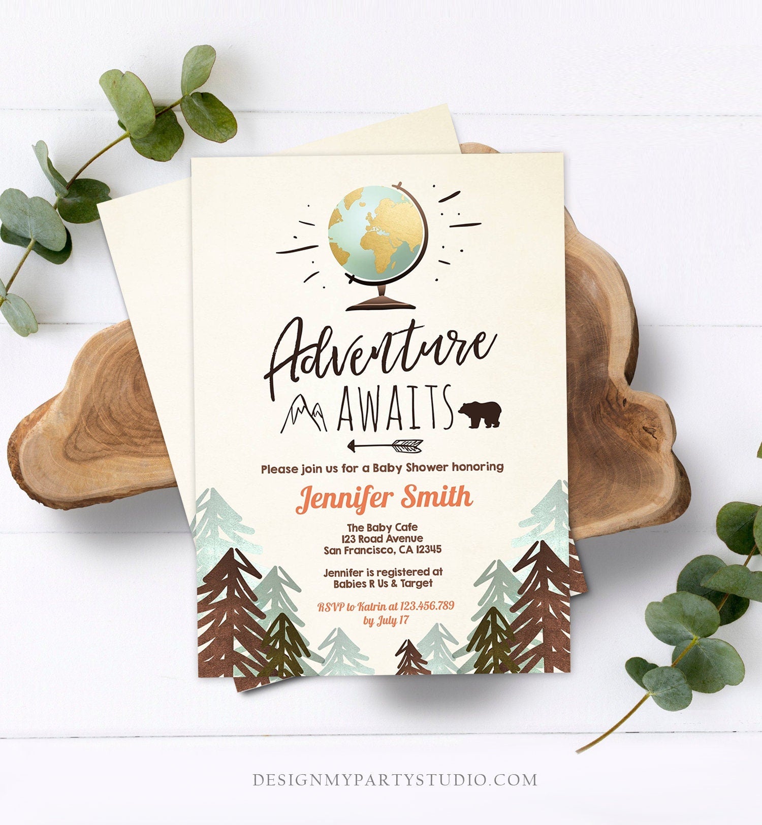 Editable Adventure Awaits Baby Shower Invitation Forest Woodland Vintage Globe Travel Around the World Digital Corjl Template Printable 0044