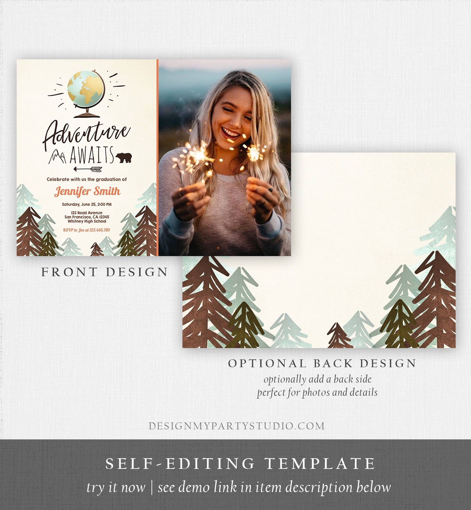 Editable Adventure Awaits Graduation Party Invitation Forest Woodland Vintage Travel College High School Grad Digital Corjl Template 0044