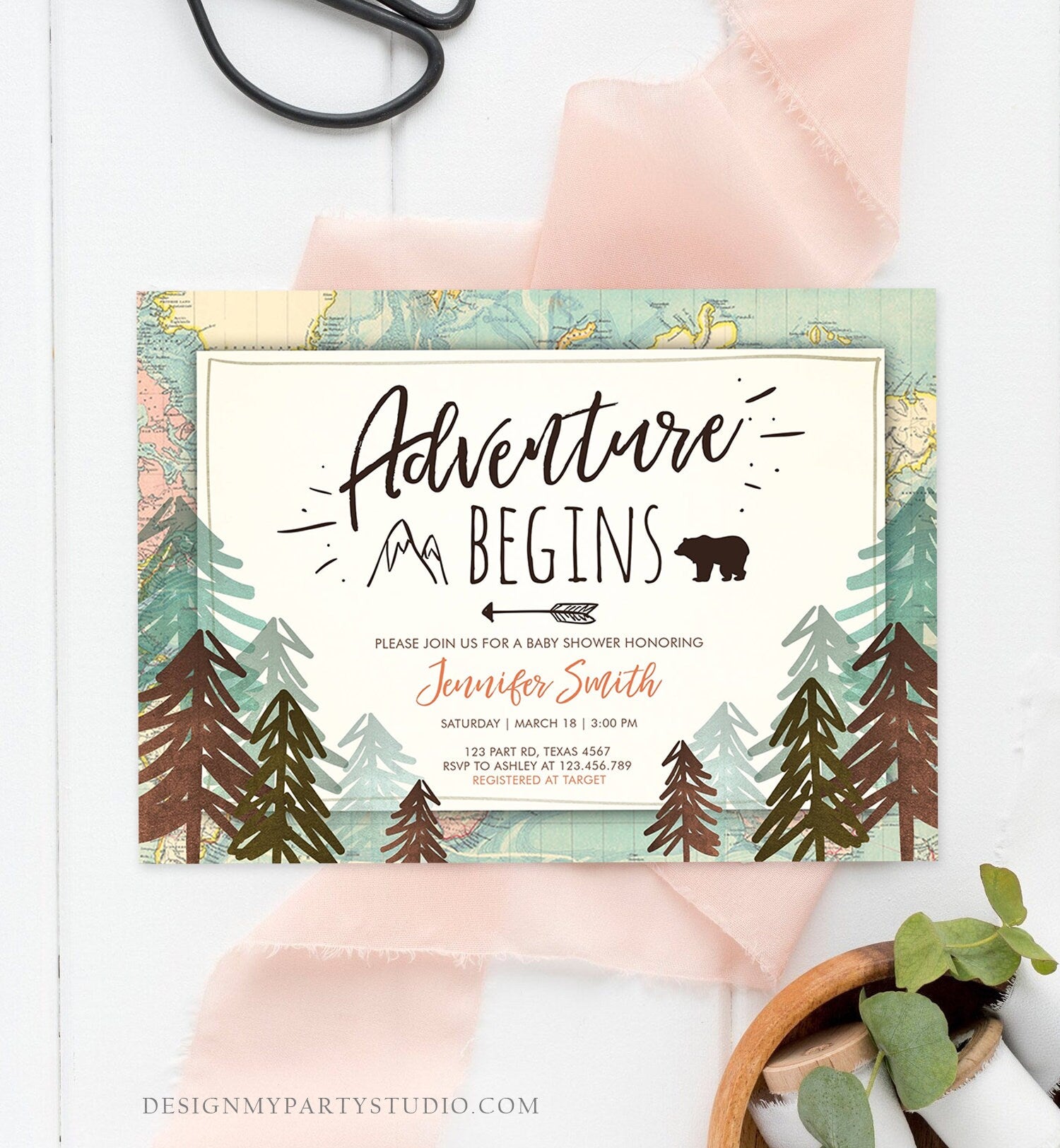 Editable Adventure Begins Baby Shower Invitation Forest Woodland Vintage Globe Travel Around the World Awaits Corjl Template Printable 0044