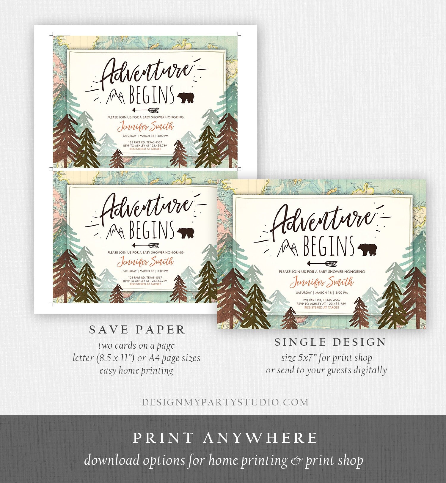 Editable Adventure Begins Baby Shower Invitation Forest Woodland Vintage Globe Travel Around the World Awaits Corjl Template Printable 0044