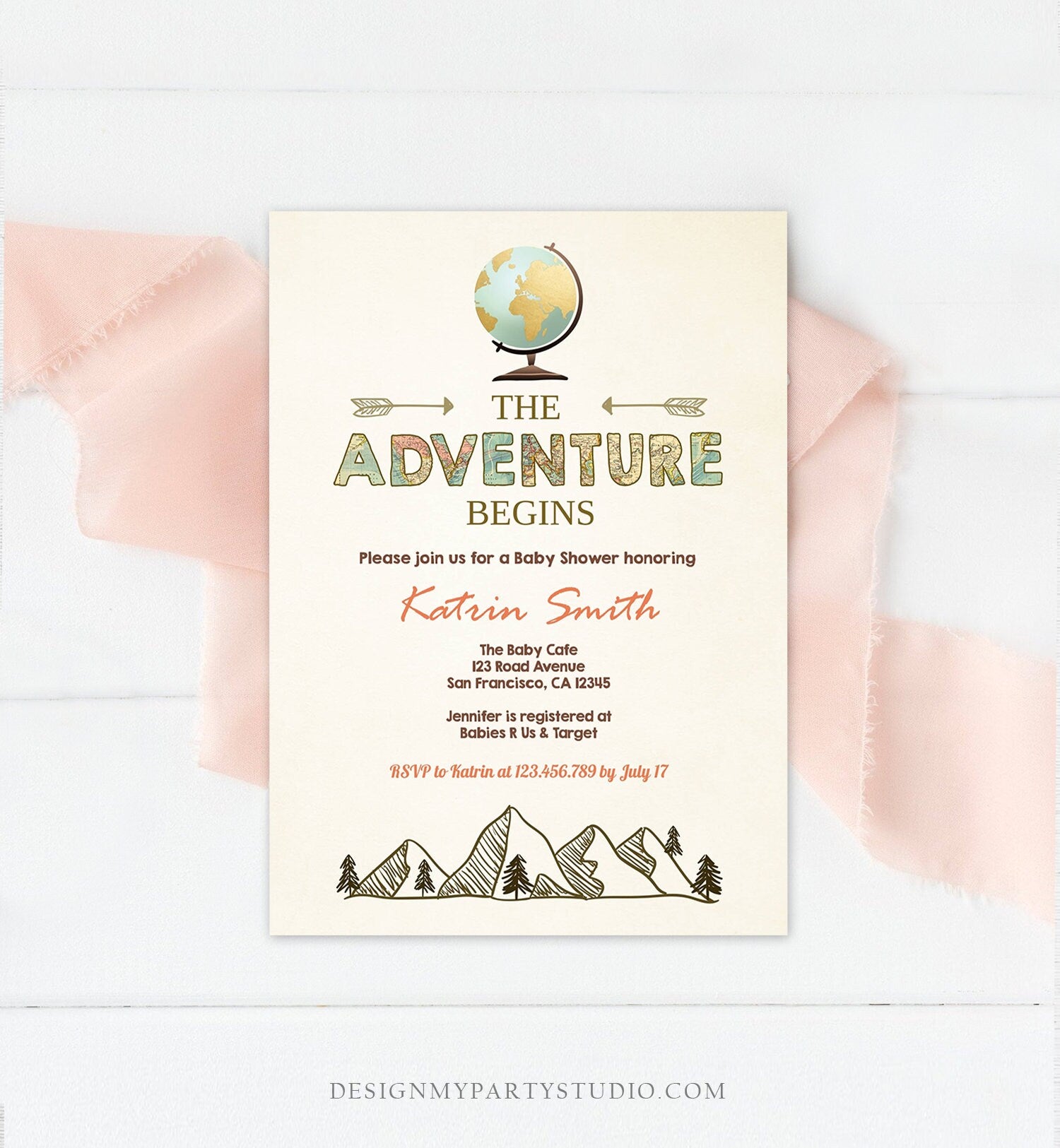 Editable Adventure Begins Baby Shower Invitation Forest Mountains Vintage Globe Travel Around World Digital Corjl Template Printable 0044