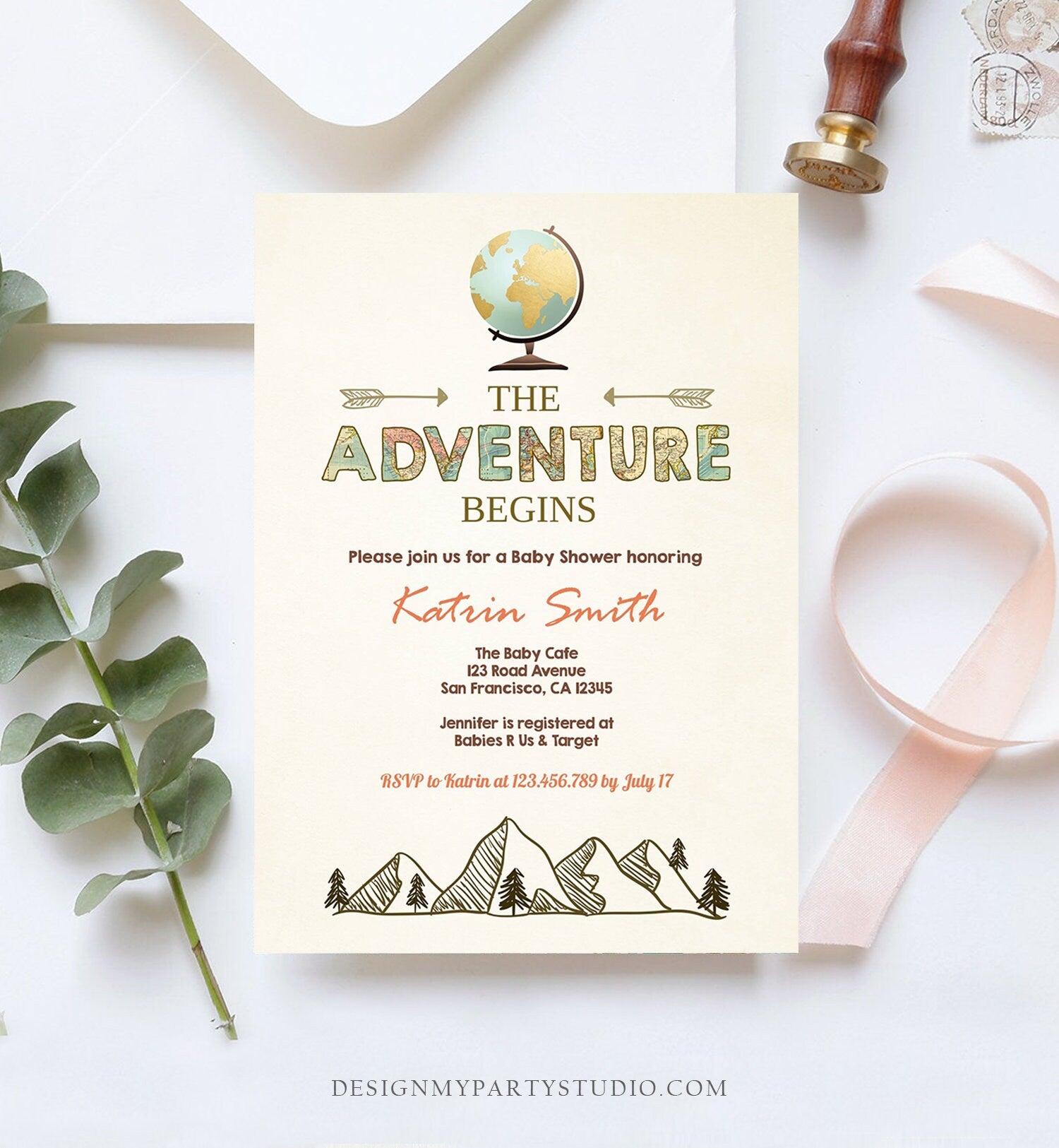 Editable Adventure Begins Baby Shower Invitation Forest Mountains Vintage Globe Travel Around World Digital Corjl Template Printable 0044