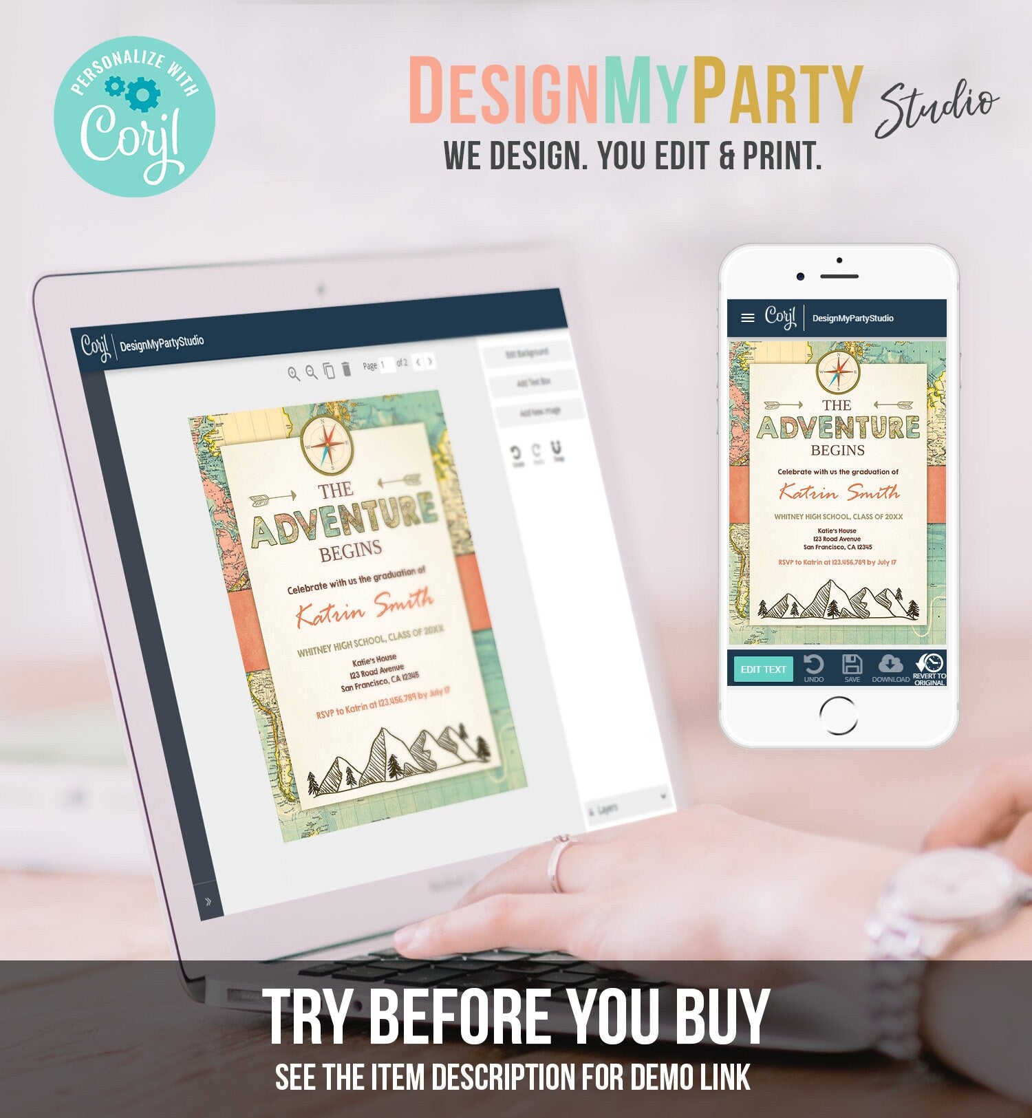 Editable Adventure Begins Graduation Party Invitation Woodland Vintage Travel College High School Grad Digital Template Printable 0044