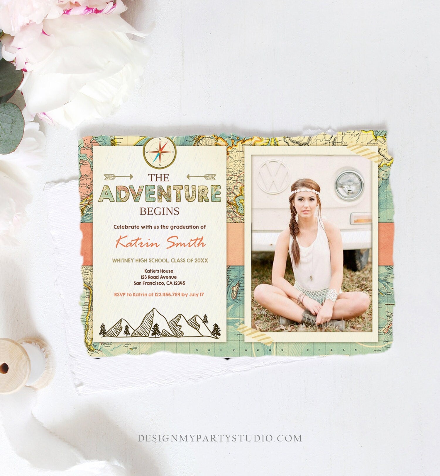 Editable Adventure Begins Graduation Party Invitation Forest Woodland Vintage Travel College High School Grad Digital Corjl Template 0044