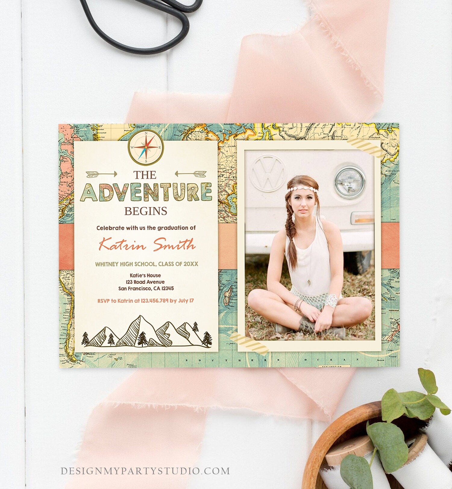 Editable Adventure Begins Graduation Party Invitation Forest Woodland Vintage Travel College High School Grad Digital Corjl Template 0044