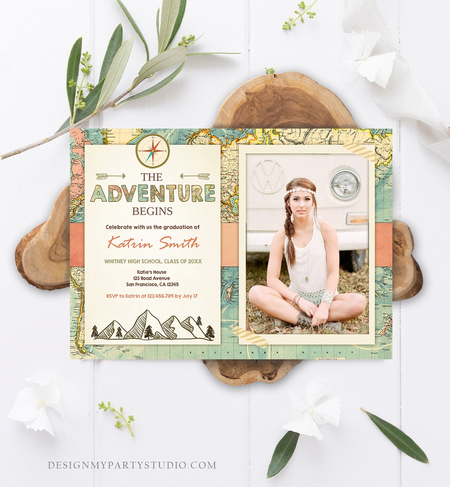 Editable Adventure Begins Graduation Party Invitation Forest Woodland Vintage Travel College High School Grad Digital Corjl Template 0044