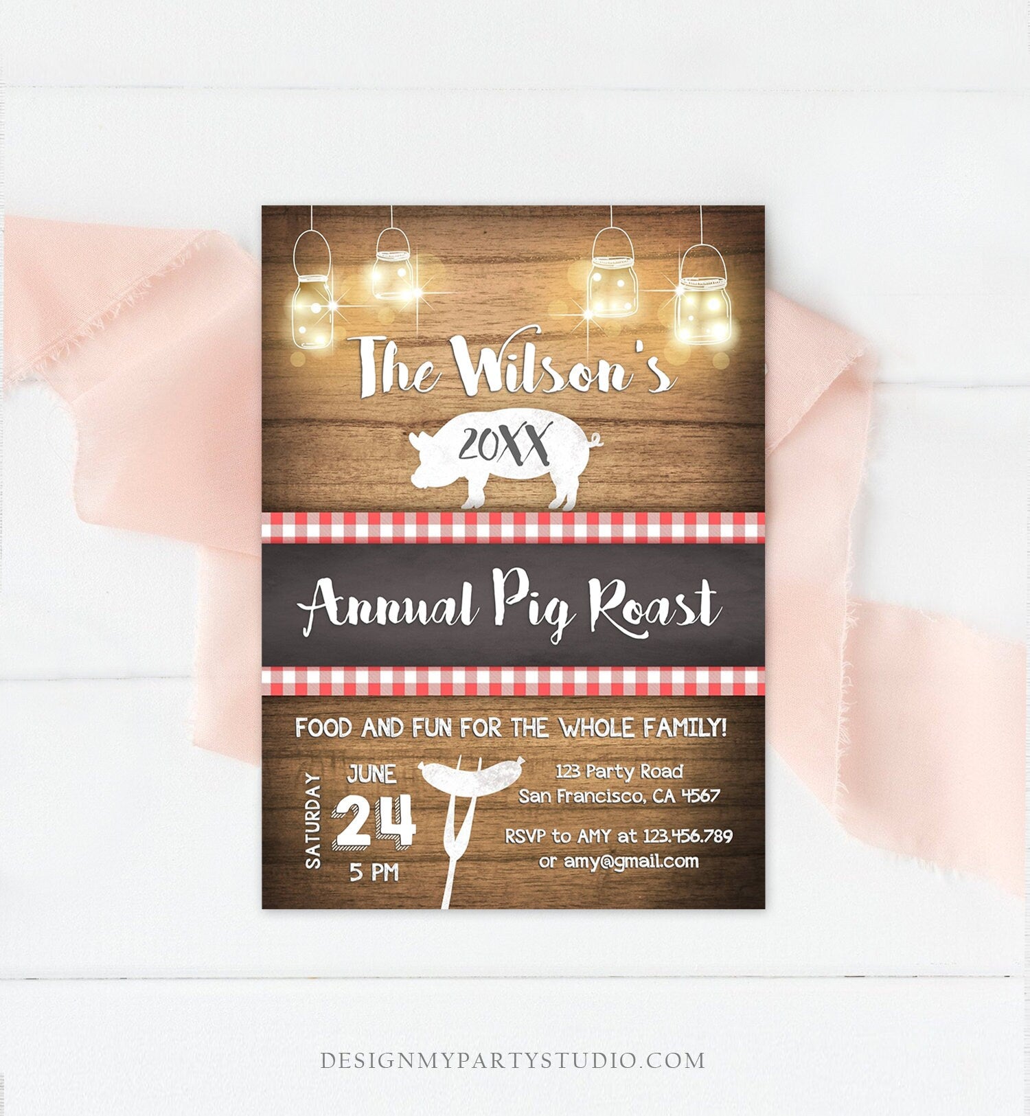 Editable Pig Roast Invitation Rustic Wood Backyard BBQ Birthday Family Party Couples Shower Vintage Outdoor Barbecue Country Corjl Template