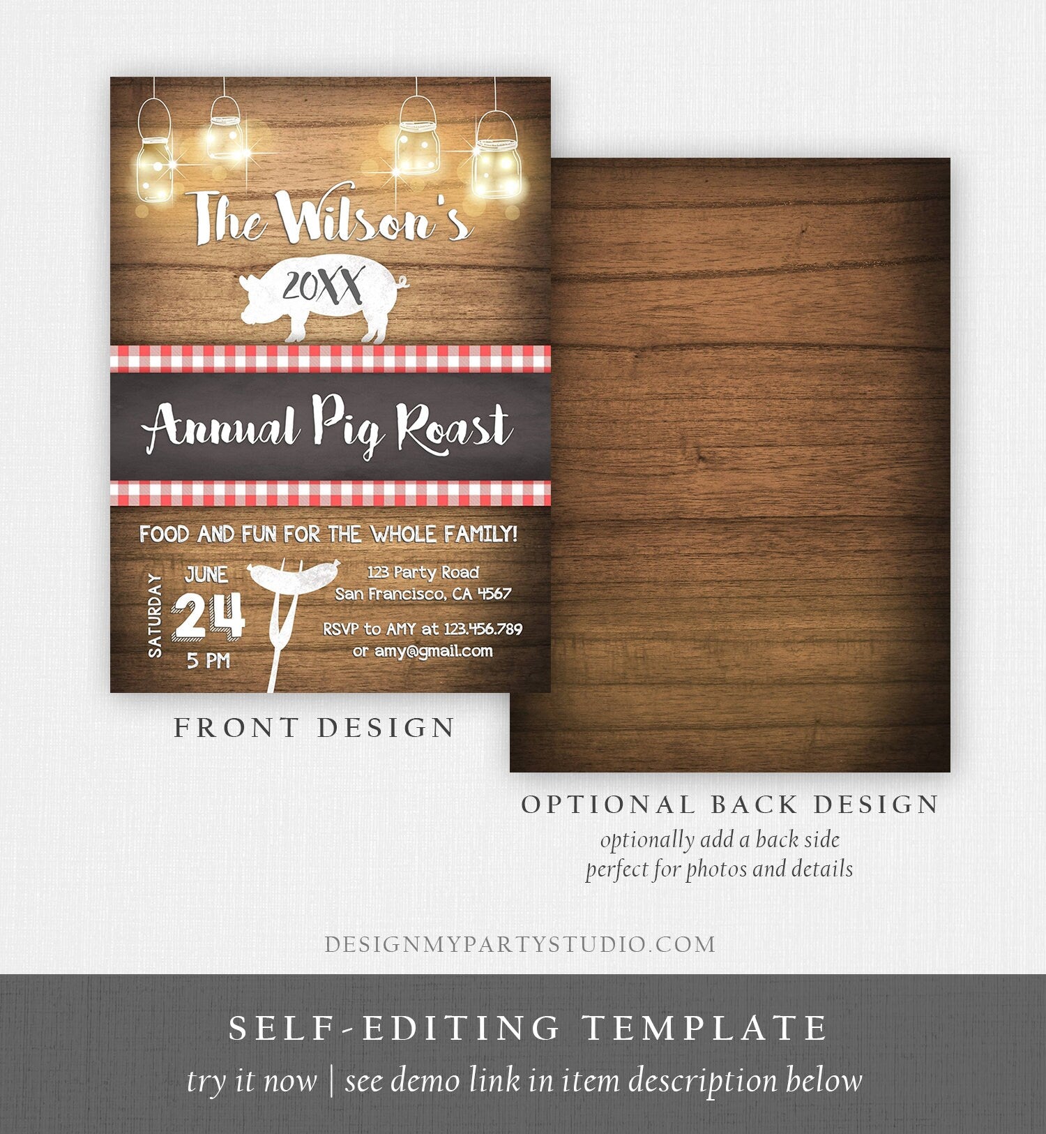 Editable Pig Roast Invitation Rustic Wood Backyard BBQ Birthday Family Party Couples Shower Vintage Outdoor Barbecue Country Corjl Template