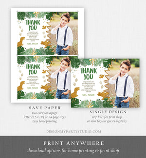 Editable Dinosaur Thank You Card Birthday Boy Black Green Gold Dino Party T-Rex Photo Download Printable Corjl Template Digital 0146