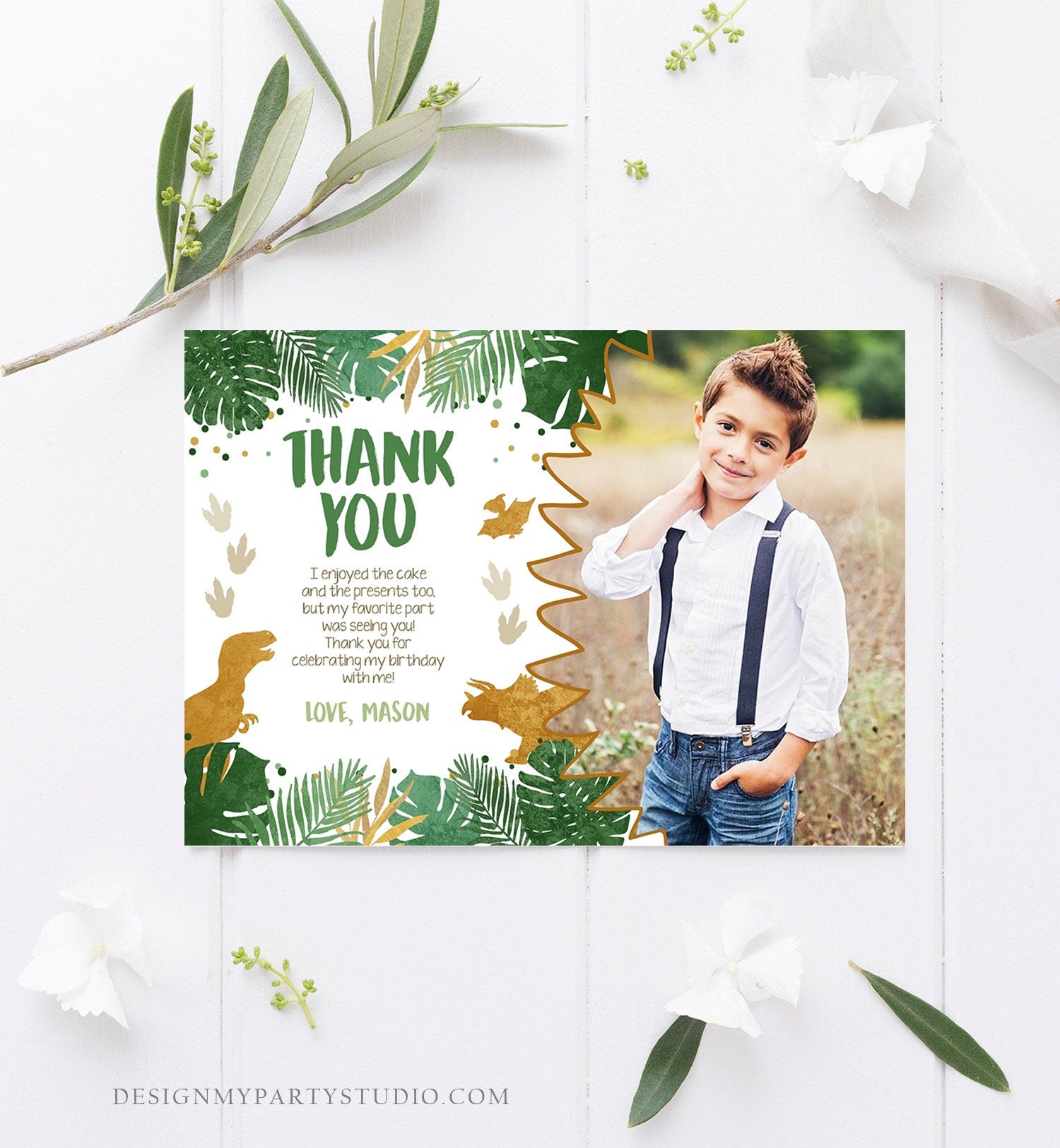 Editable Dinosaur Thank You Card Birthday Boy Black Green Gold Dino Party T-Rex Photo Download Printable Corjl Template Digital 0146