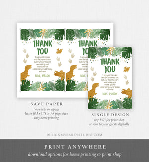 Editable Dinosaur Thank You Card Birthday Boy Black Green Gold Dino Party T-Rex Photo Download Printable Corjl Template Digital 0146