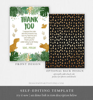 Editable Dinosaur Thank You Card Birthday Boy Black Green Gold Dino Party T-Rex Photo Download Printable Corjl Template Digital 0146