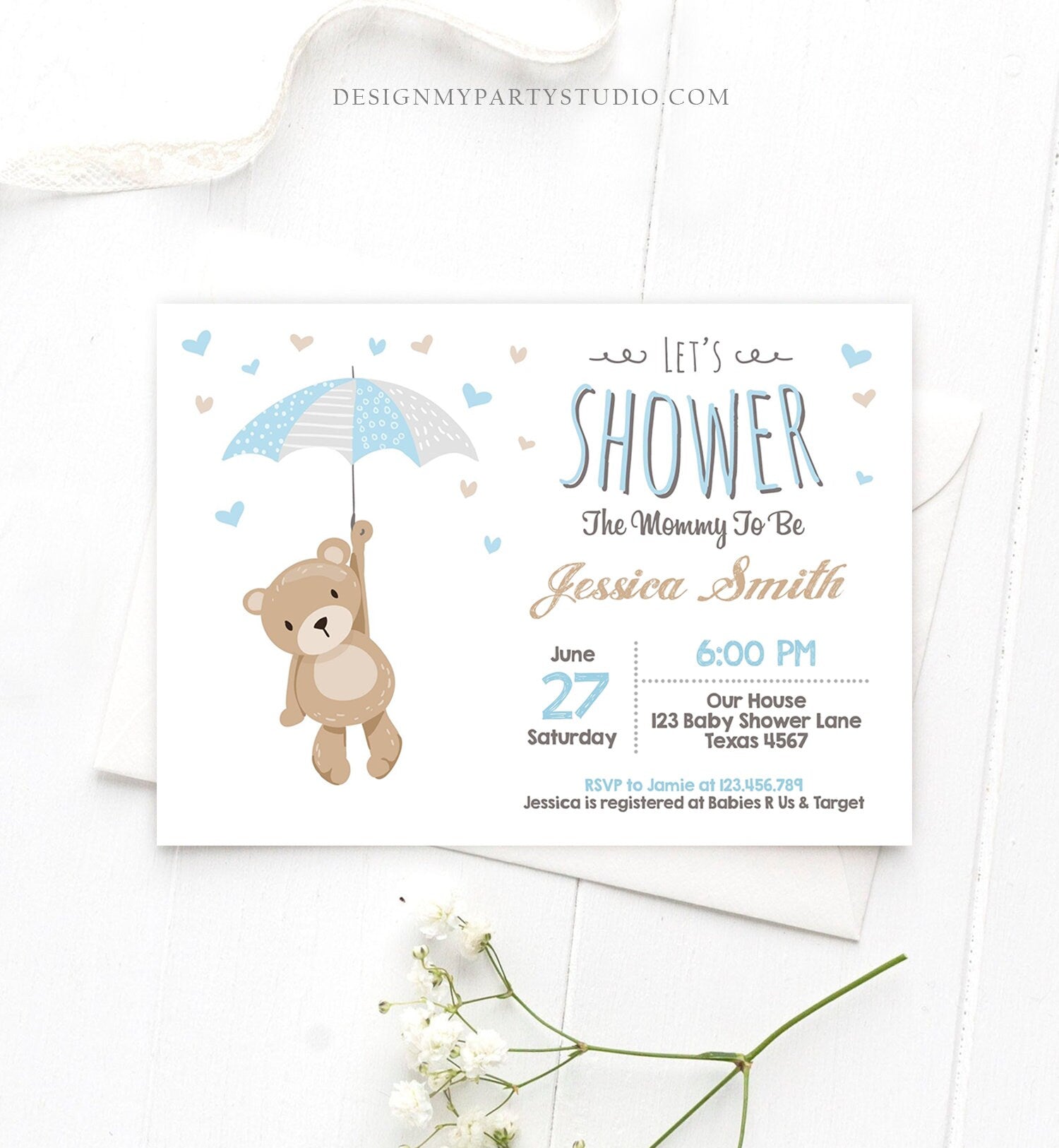 Editable Bear Baby Shower Invitation Teddy Bear Cute Baby Boy Blue Bear Little Cub Woodland Template Instant Download Digital Corjl 0025