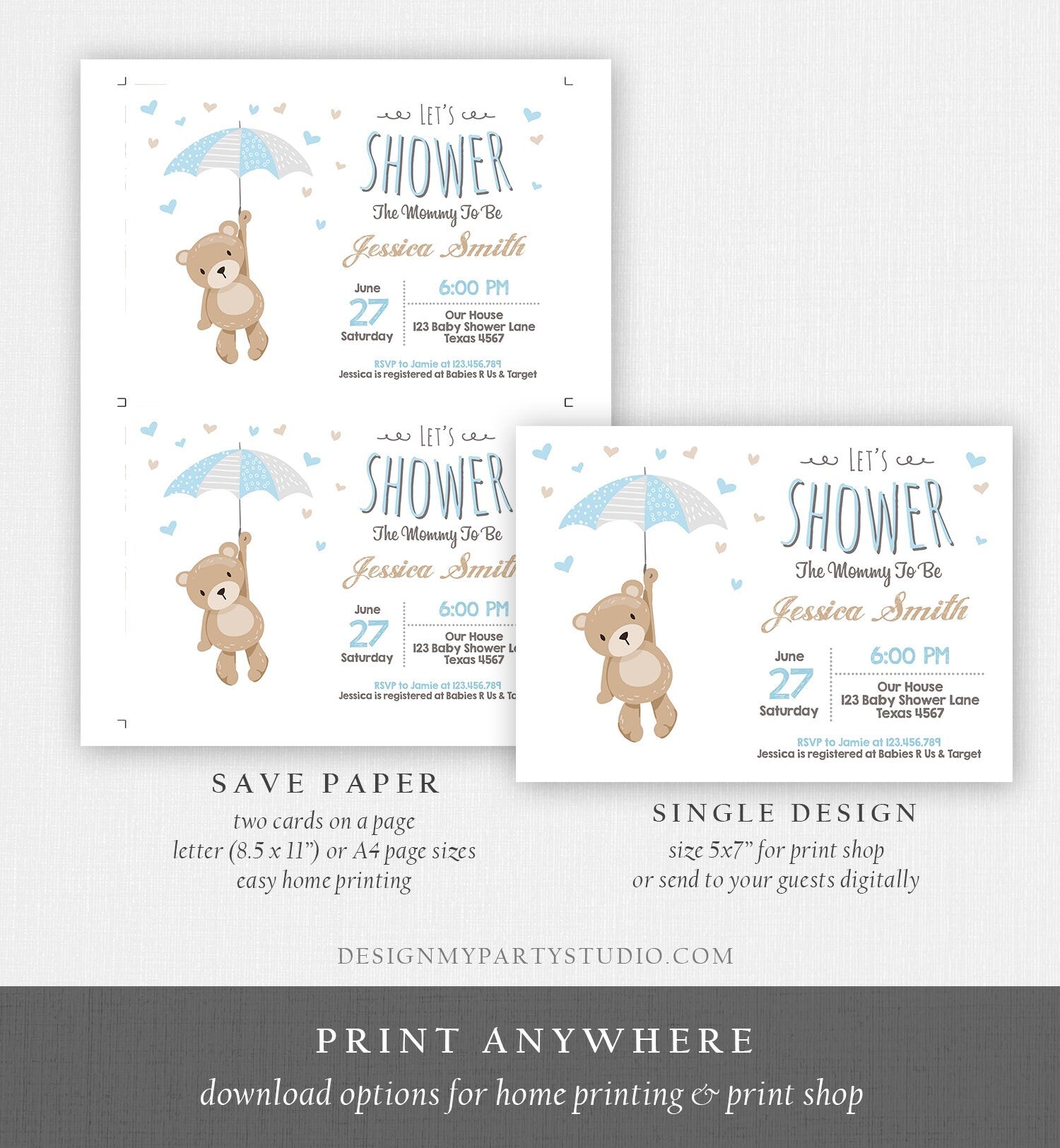 Editable Bear Baby Shower Invitation Teddy Bear Cute Baby Boy Blue Bear Little Cub Woodland Template Instant Download Digital Corjl 0025