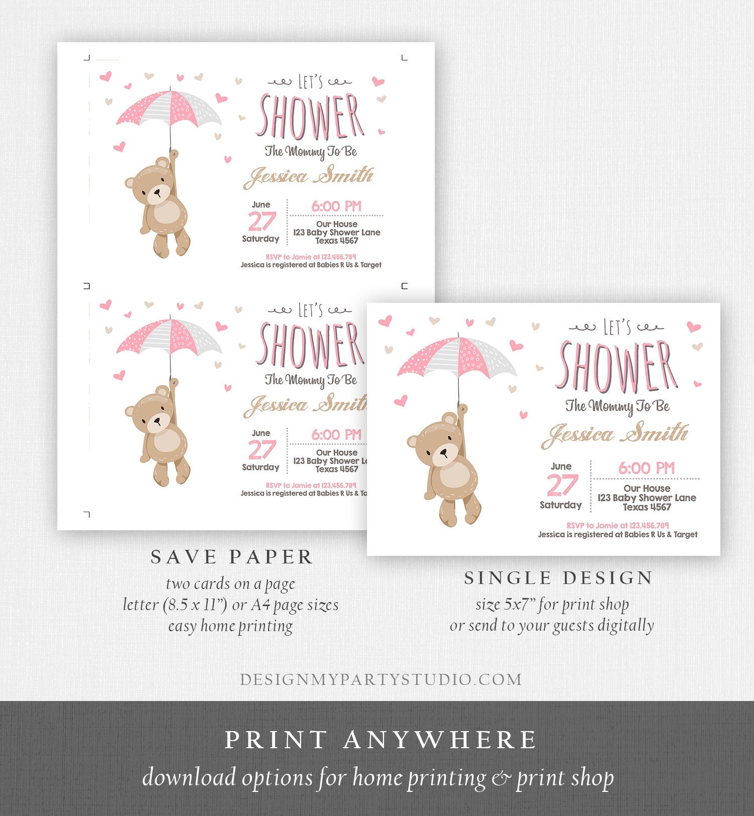 Editable Baby Shower Invitation Teddy Bear Cute Baby Girl Pink Bear Little Cub Woodland Template Instant Download Digital Corjl 0025