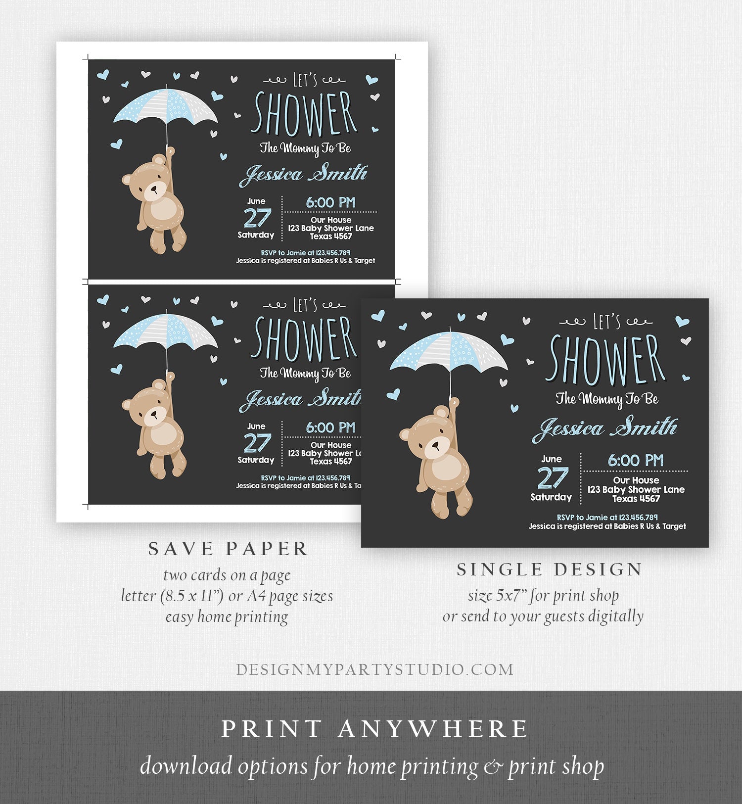 Editable Bear Baby Shower Invitation Teddy Bear Cute Baby Boy Blue Bear Little Cub Woodland Template Instant Download Digital Corjl 0025