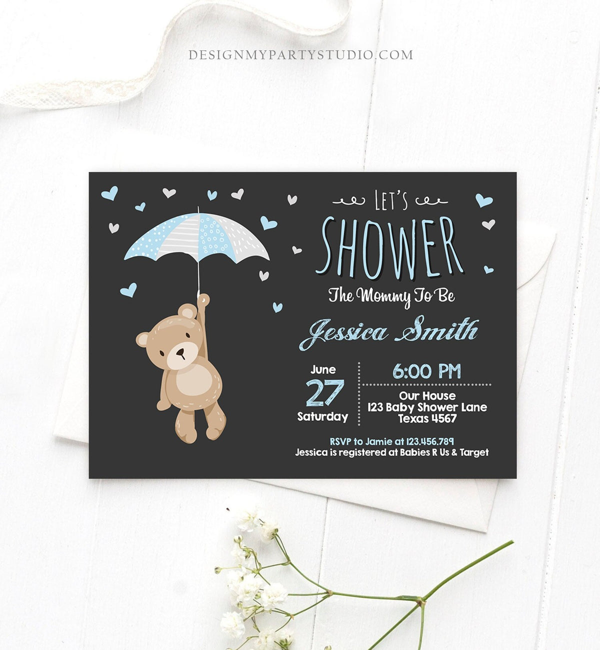 Editable Bear Baby Shower Invitation Teddy Bear Cute Baby Boy Blue Bear Little Cub Woodland Template Instant Download Digital Corjl 0025