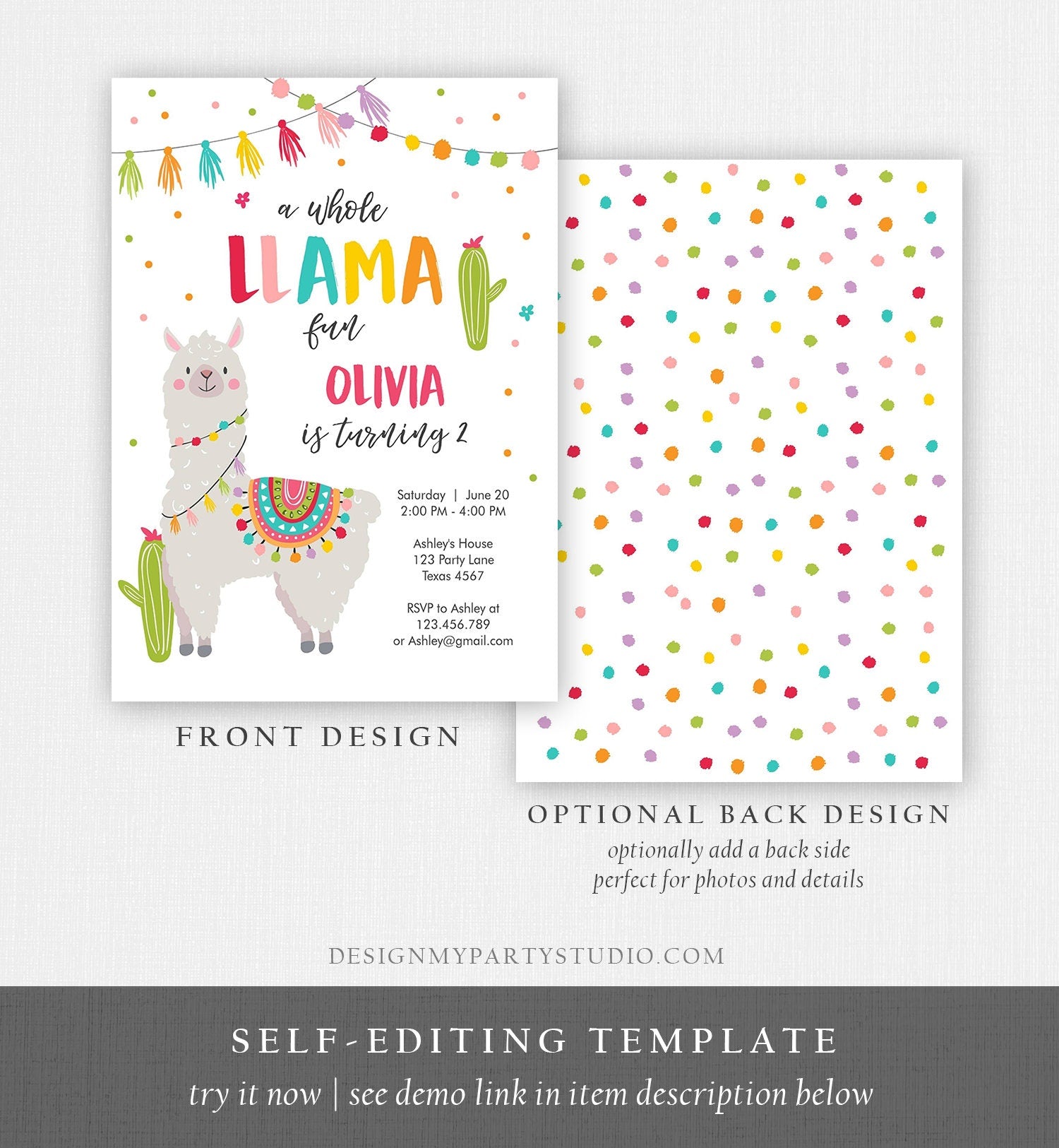 Editable Whole Llama Fun Birthday Invitation Fiesta Mexican Cactus Alpaca Girl Pink Party Instant Download Printable Corjl Template 0079