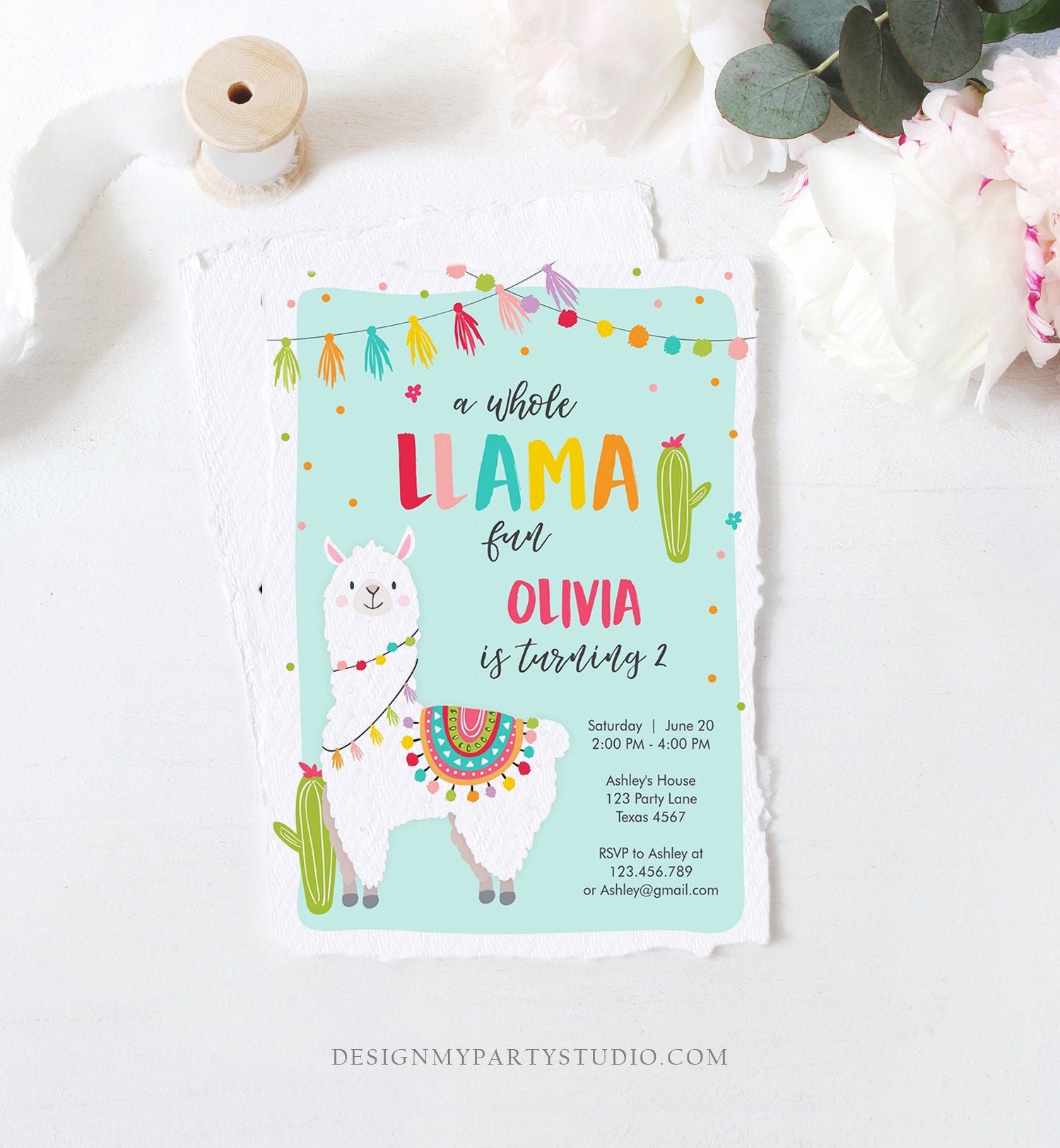 Editable Whole Llama Fun Birthday Invitation Fiesta Mexican Cactus Alpaca Girl Blue Party Digital Download Evite Template Printable 0079