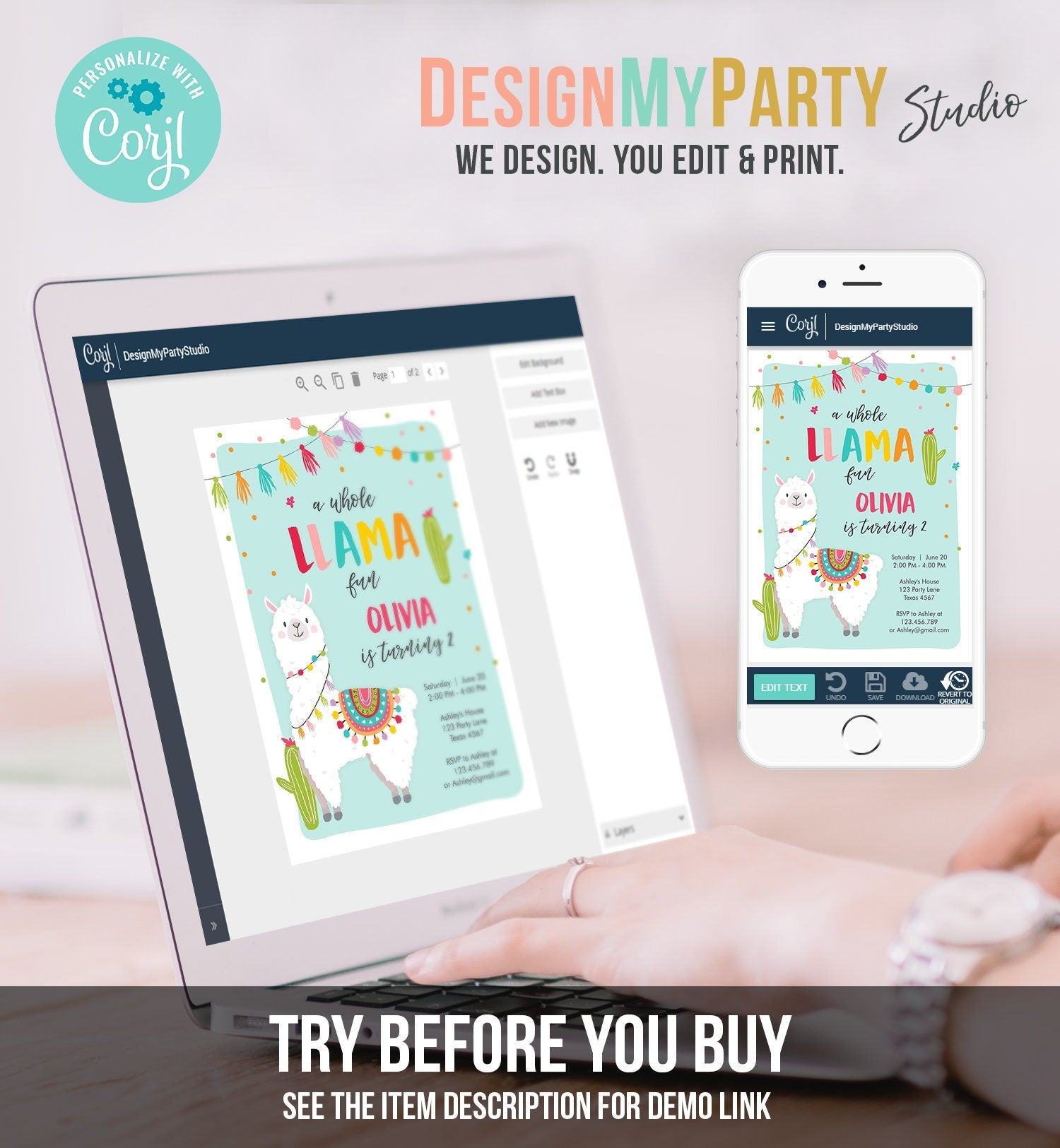 Editable Whole Llama Fun Birthday Invitation Fiesta Mexican Cactus Alpaca Girl Blue Party Digital Download Evite Template Printable 0079