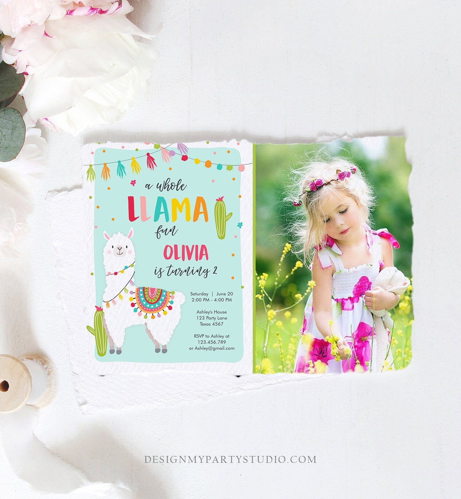 Editable Whole Llama Fun Birthday Invitation Fiesta Mexican Cactus Alpaca Girl Pink Party Instant Download Printable Corjl Template 0079