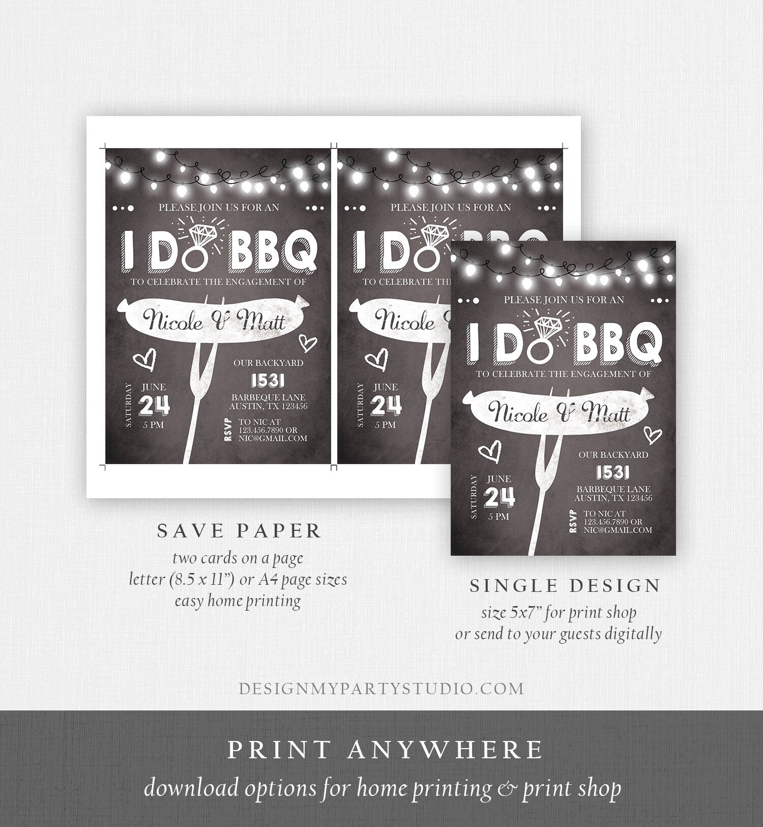 Editable I Do BBQ Engagement Party Invitation Couples Chalk String Lights Ring Barbecue Outdoor Bridal Shower Printable Corjl Template 0145