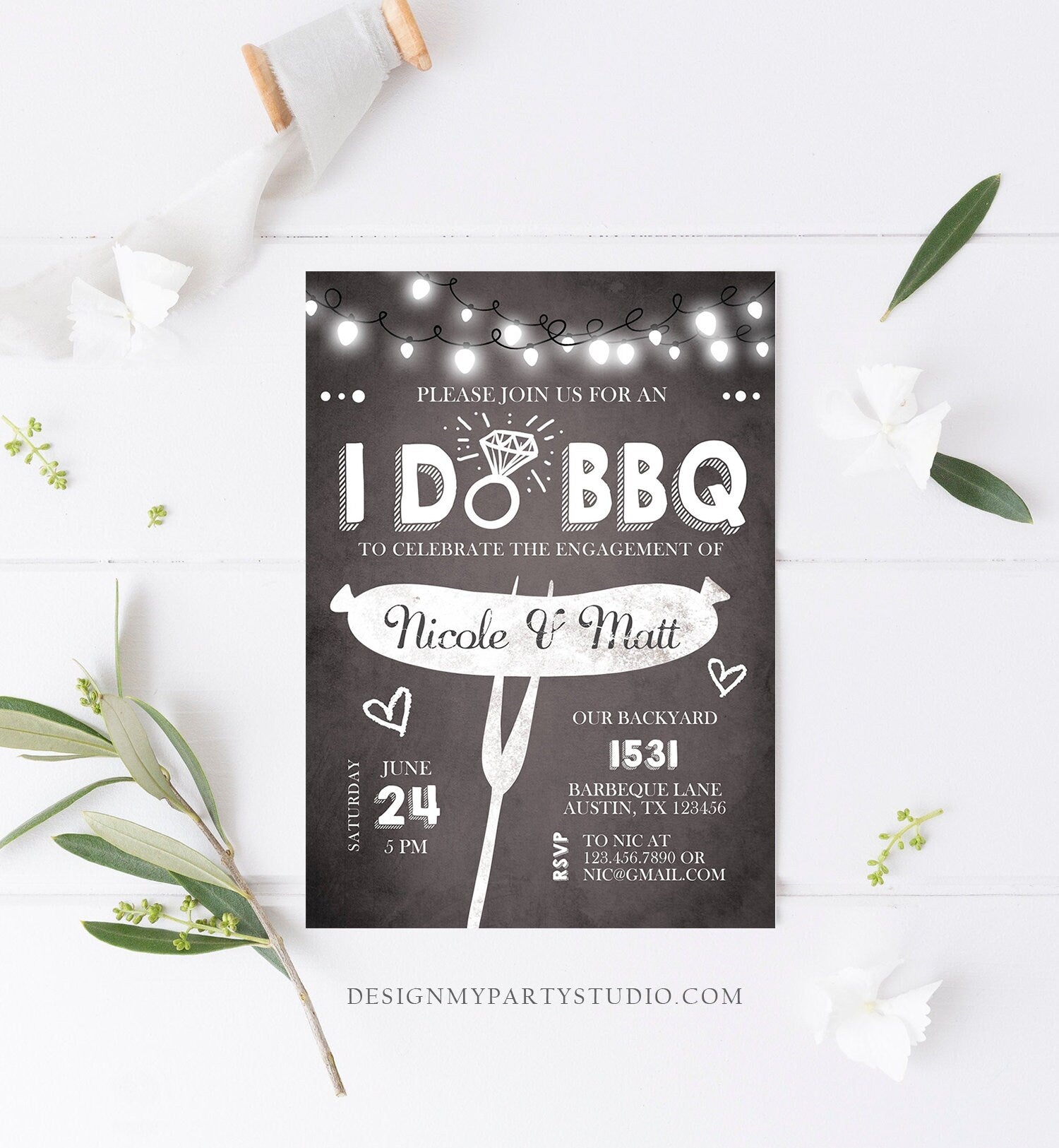 Editable I Do BBQ Engagement Party Invitation Couples Chalk String Lights Ring Barbecue Outdoor Bridal Shower Printable Corjl Template 0145