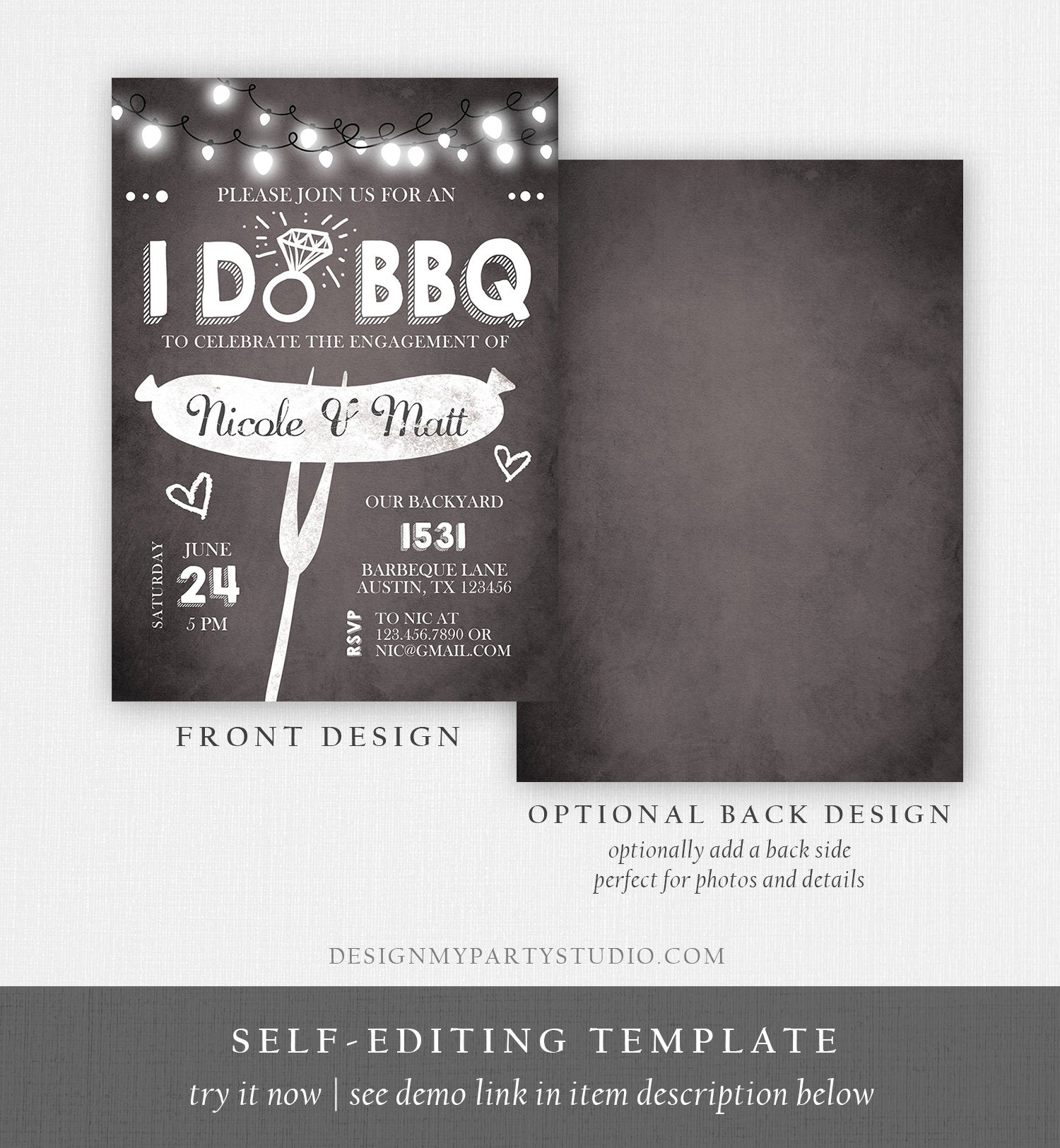 Editable I Do BBQ Engagement Party Invitation Couples Chalk String Lights Ring Barbecue Outdoor Bridal Shower Printable Corjl Template 0145