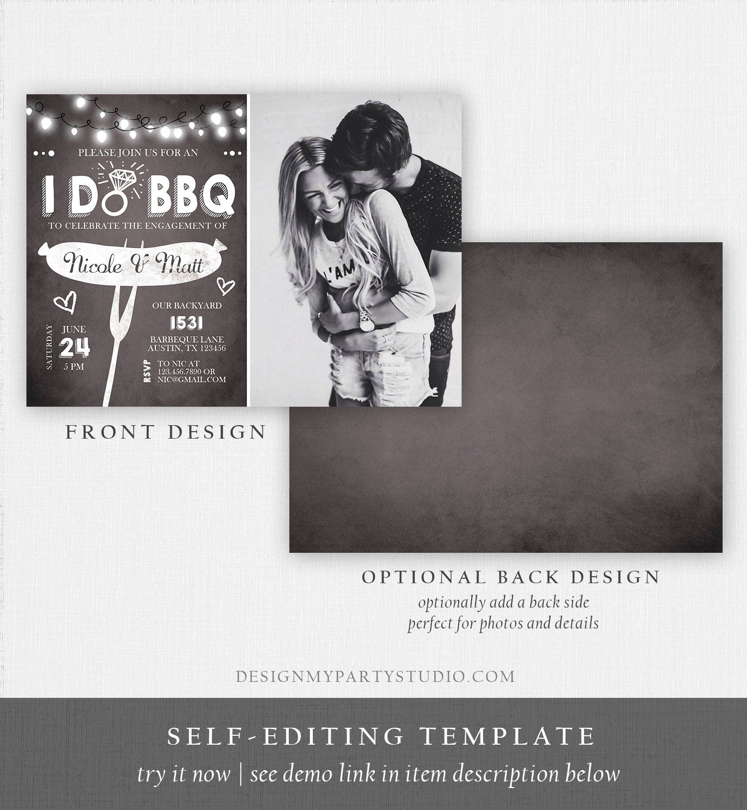 Editable I Do BBQ Engagement Party Invitation Couples Chalk String Lights Ring Barbecue Outdoor Bridal Shower Printable Corjl Template 0145