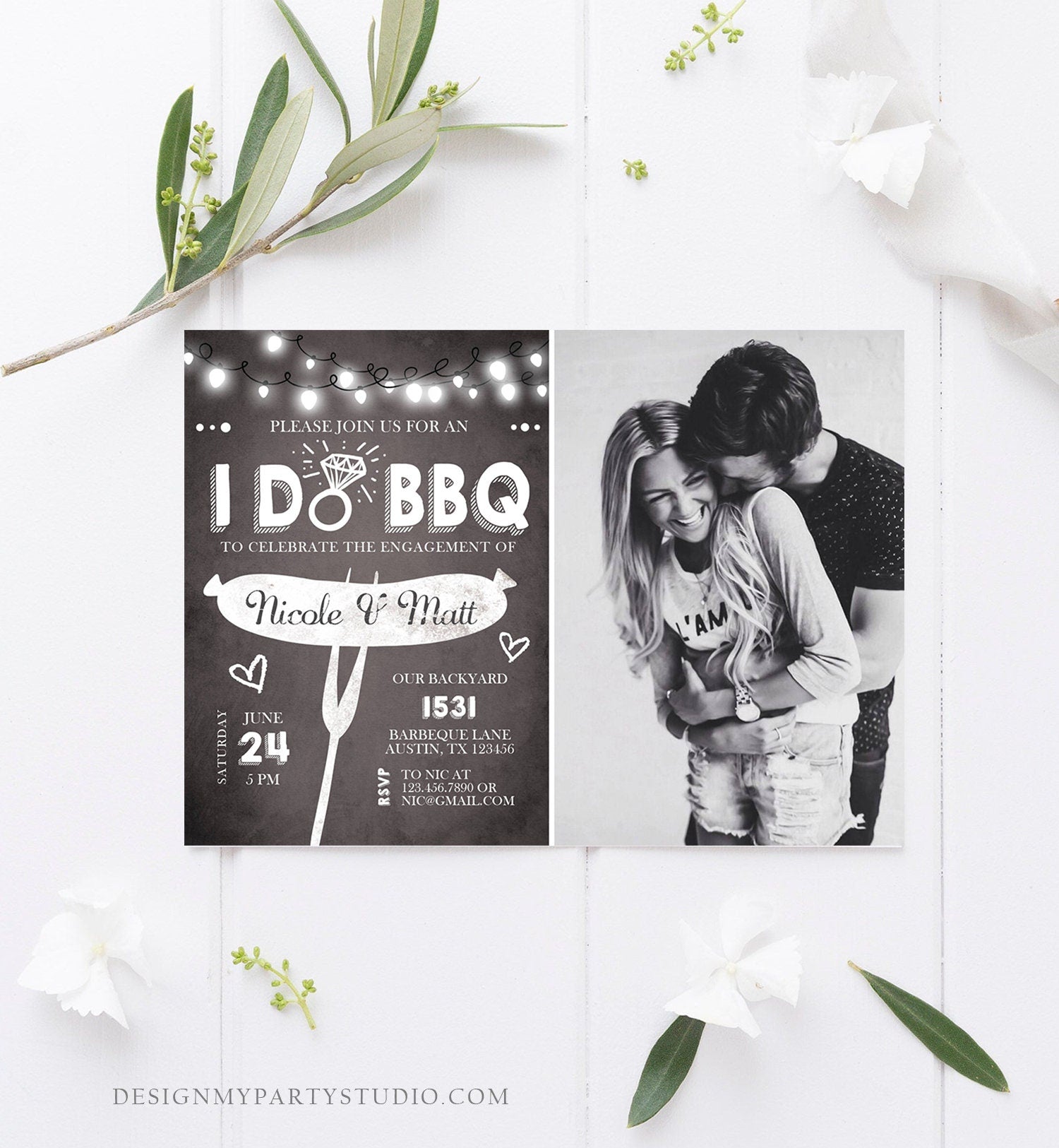 Editable I Do BBQ Engagement Party Invitation Couples Chalk String Lights Ring Barbecue Outdoor Bridal Shower Printable Corjl Template 0145