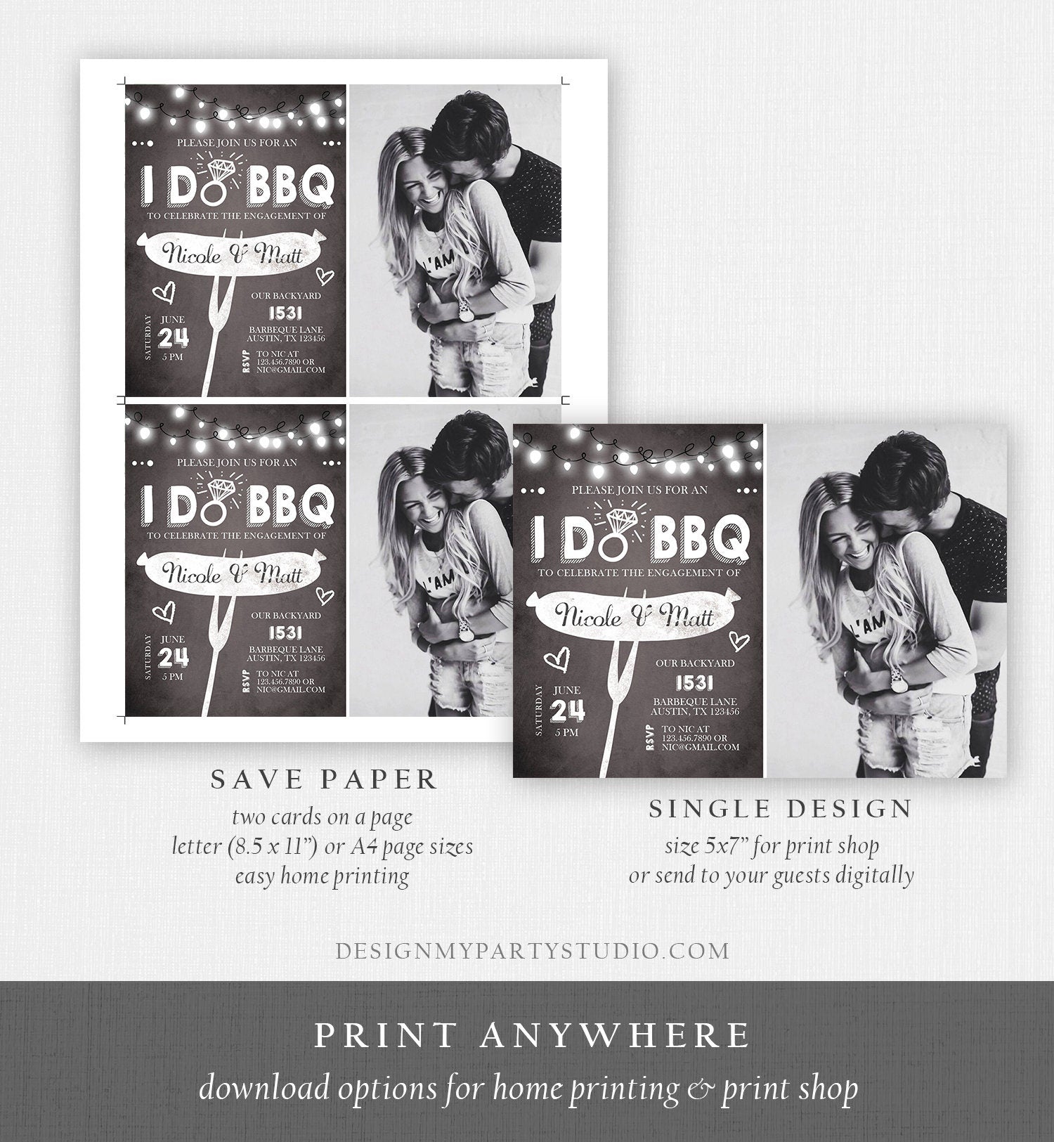 Editable I Do BBQ Engagement Party Invitation Couples Chalk String Lights Ring Barbecue Outdoor Bridal Shower Printable Corjl Template 0145