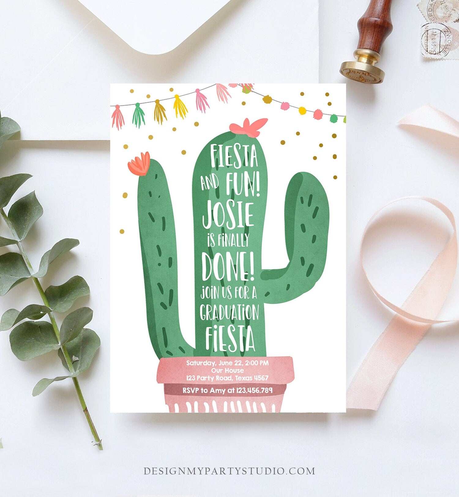 Editable Graduation Fiesta and Fun Party Invitation Finally Done Let's Fiesta Cactus College High School Grad Corjl Template Printable 0255