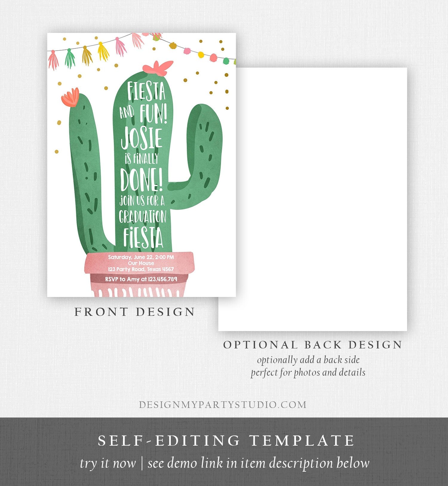 Editable Graduation Fiesta and Fun Party Invitation Finally Done Let's Fiesta Cactus College High School Grad Corjl Template Printable 0255