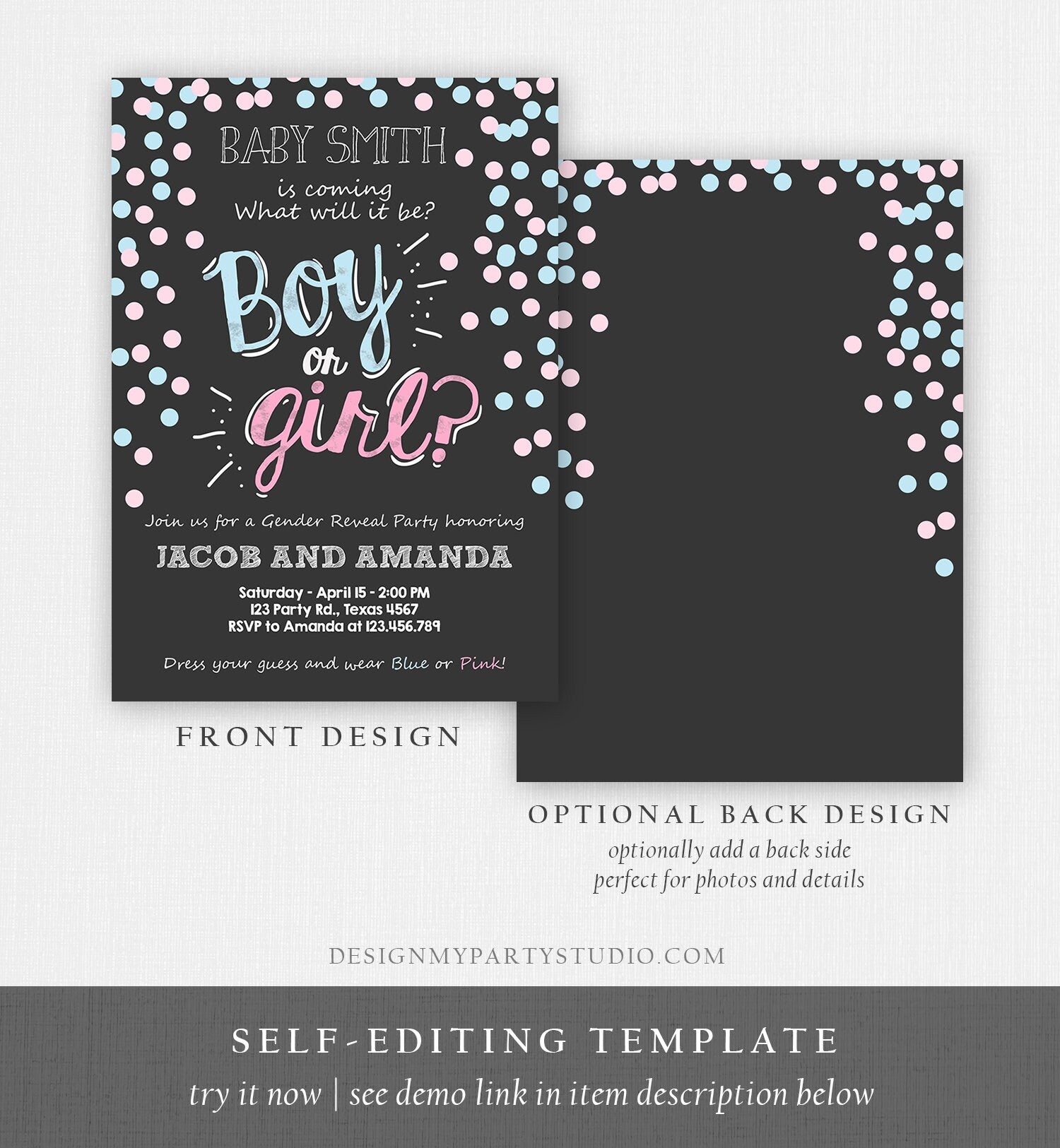 Editable Gender Reveal Invitation Boy or Girl Pink or Blue He or She Chalk Confetti Modern Simple Invite Template Instant Download Corjl