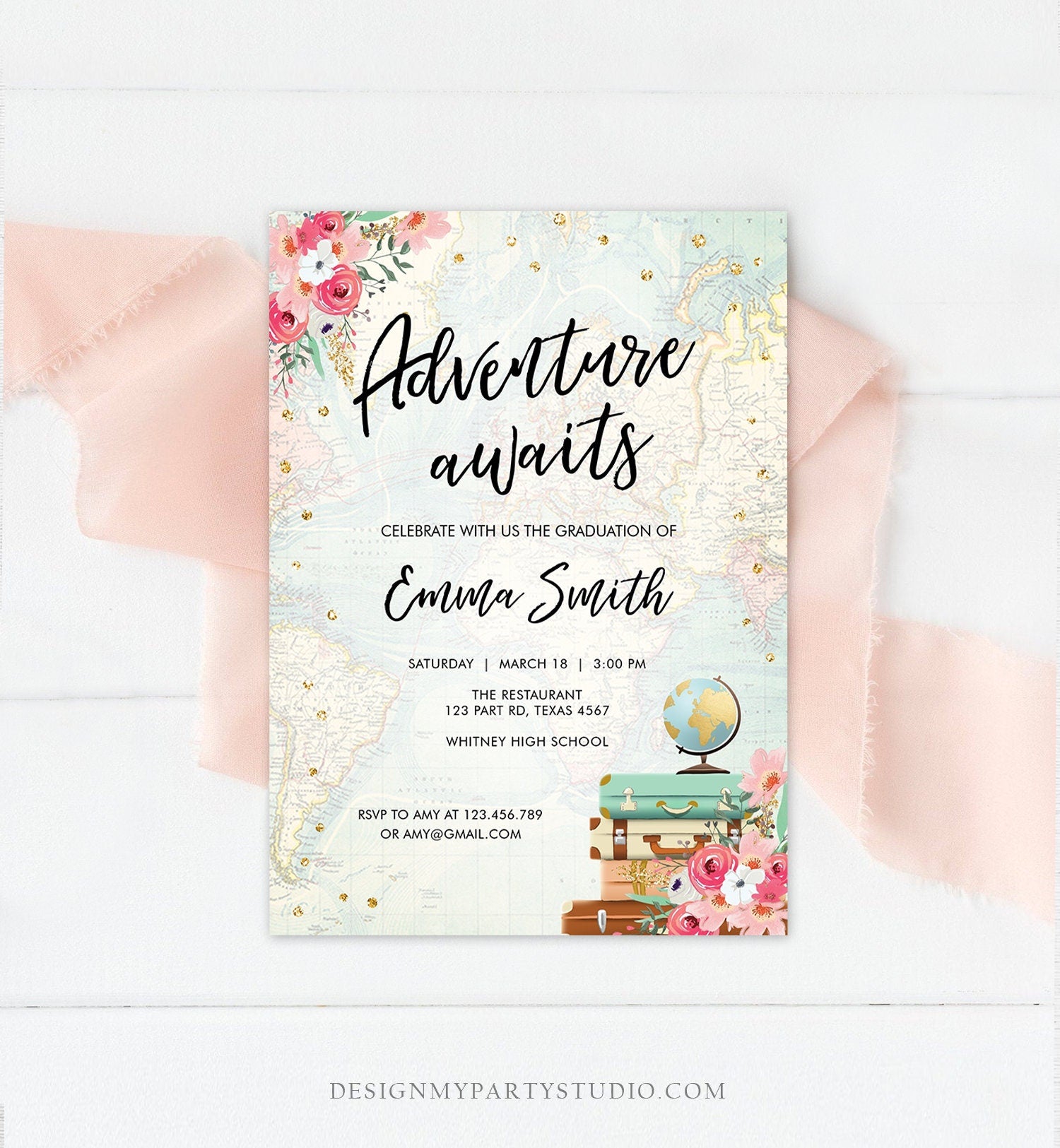 Editable Adventure Awaits Graduation Party Invitation Vintage Travel Around the World Pink Gold High School Grad College Evite Template 0030