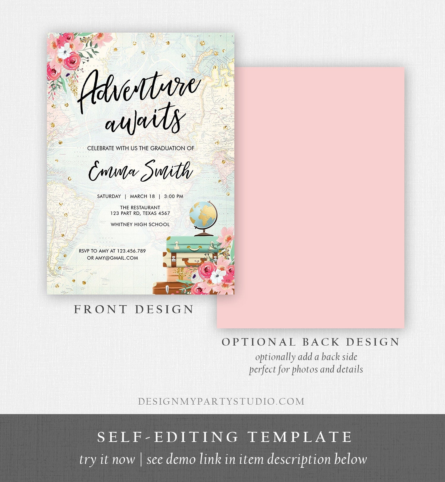 Editable Adventure Awaits Graduation Party Invitation Vintage Travel Around the World Pink Gold High School Grad College Evite Template 0030