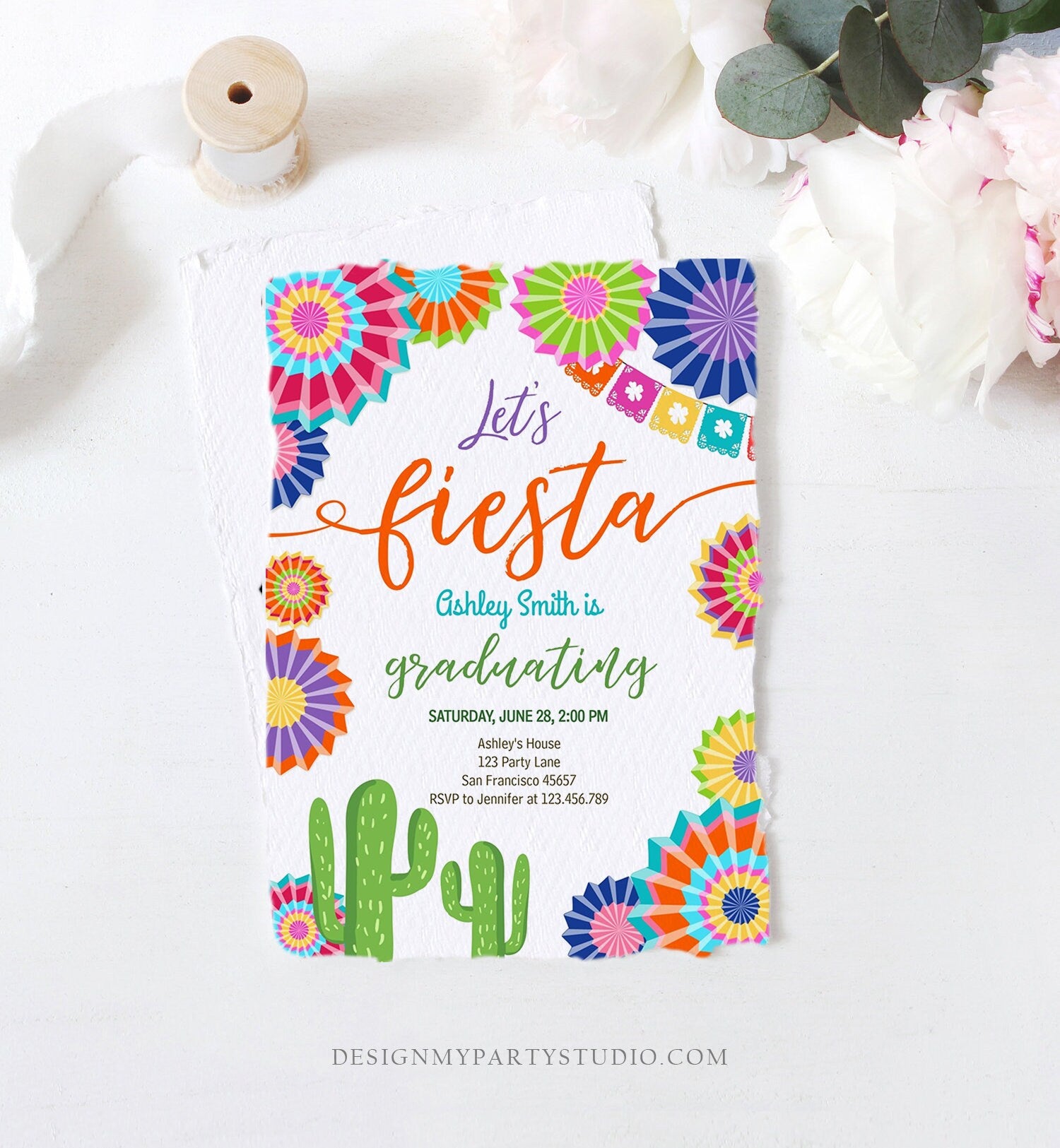 Editable Let's Fiesta Graduation Party Invitation Cactus Mexican Taco Bout Grad High School College Download Corjl Template Printable 0236