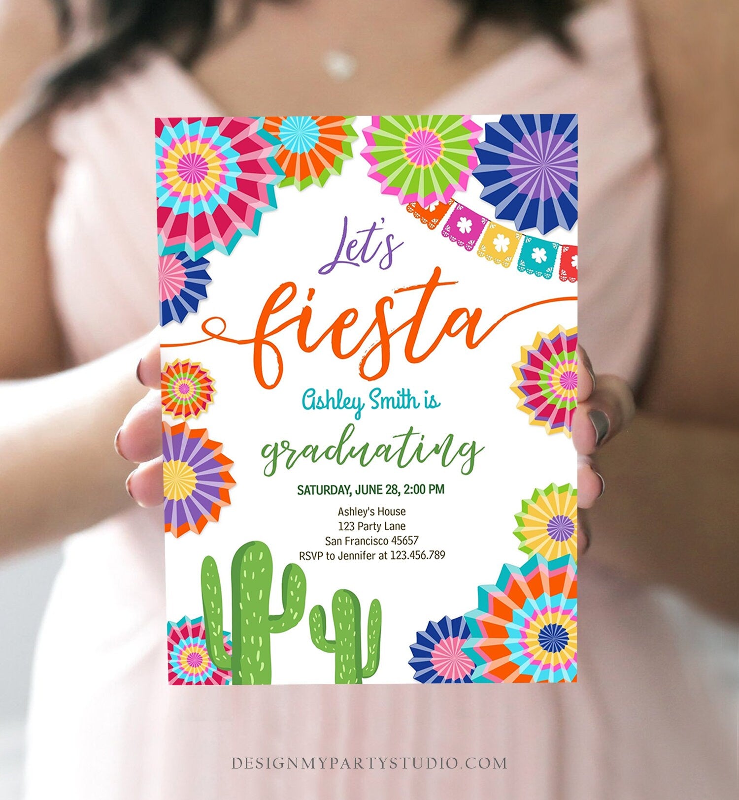 Editable Let's Fiesta Graduation Party Invitation Cactus Mexican Taco Bout Grad High School College Download Corjl Template Printable 0236