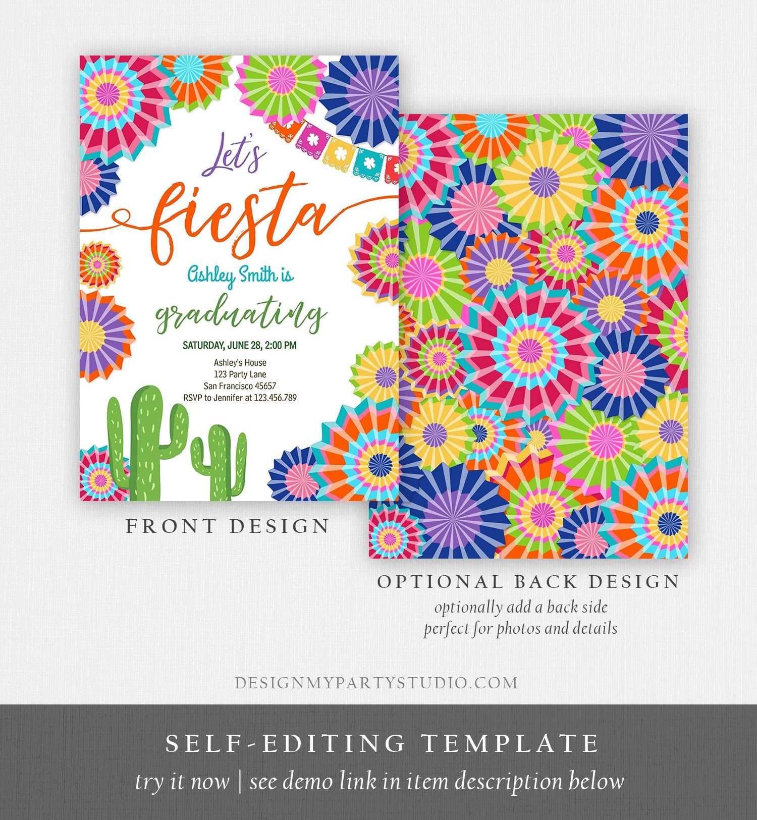 Editable Let's Fiesta Graduation Party Invitation Cactus Mexican Taco Bout Grad High School College Download Corjl Template Printable 0236