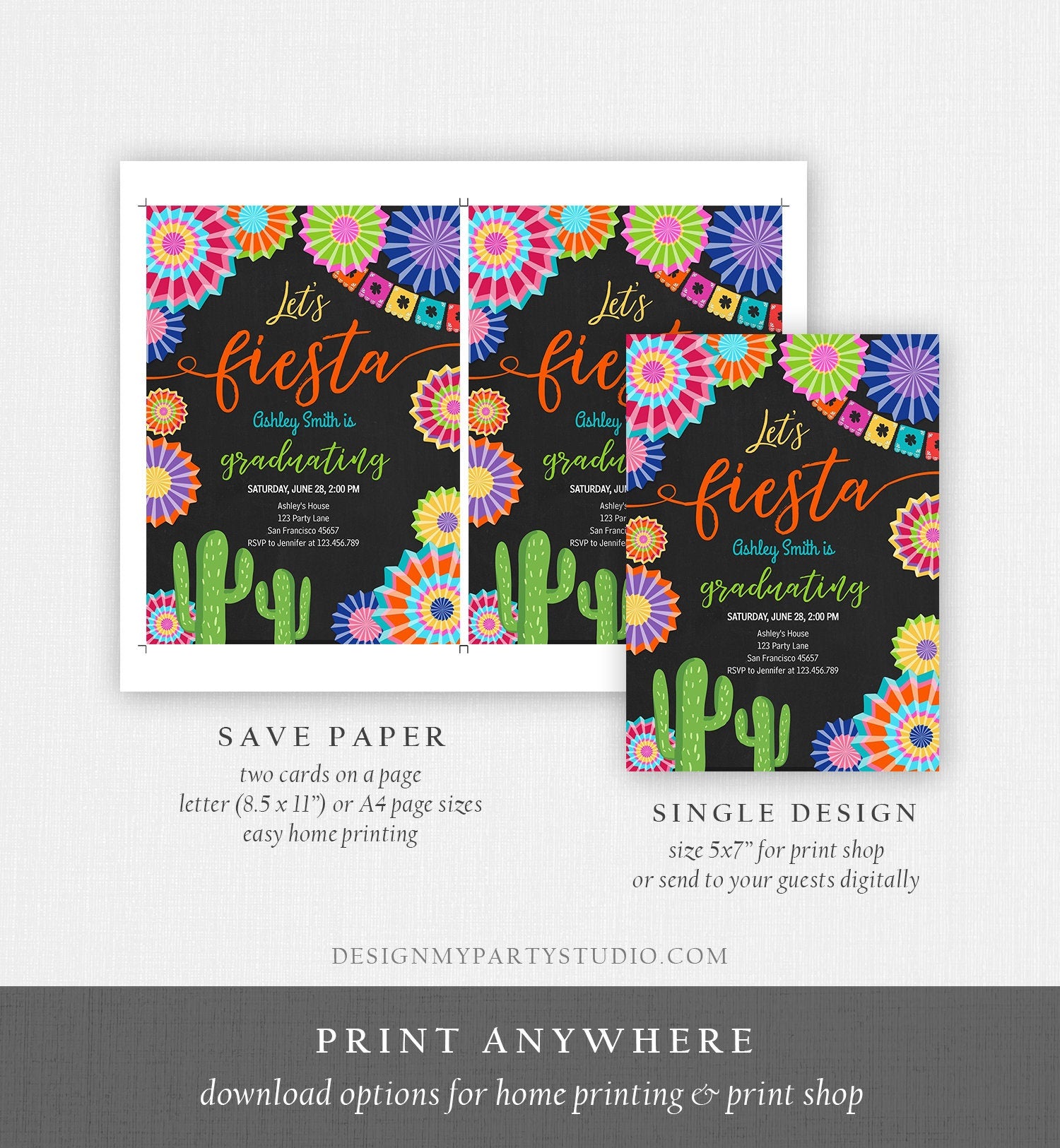 Editable Let's Fiesta Graduation Party Invitation Cactus Mexican Taco Bout Grad High School College Digital Download Template Printable 0236