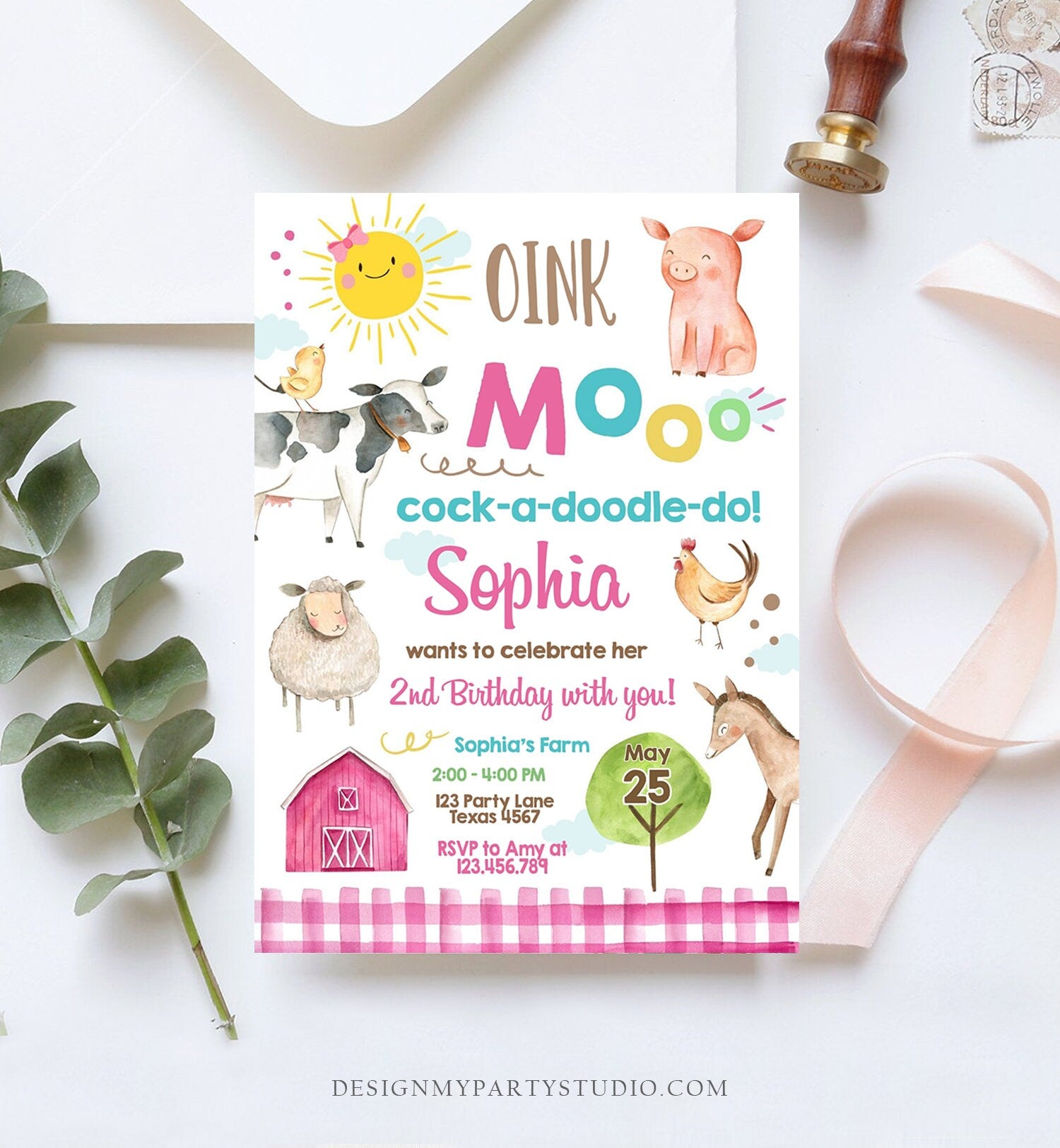 Editable Farm Birthday Invitation Girl Farm Animals Pink Barnyard Party Invite Download Printable Invitation Template Digital Corjl 0160