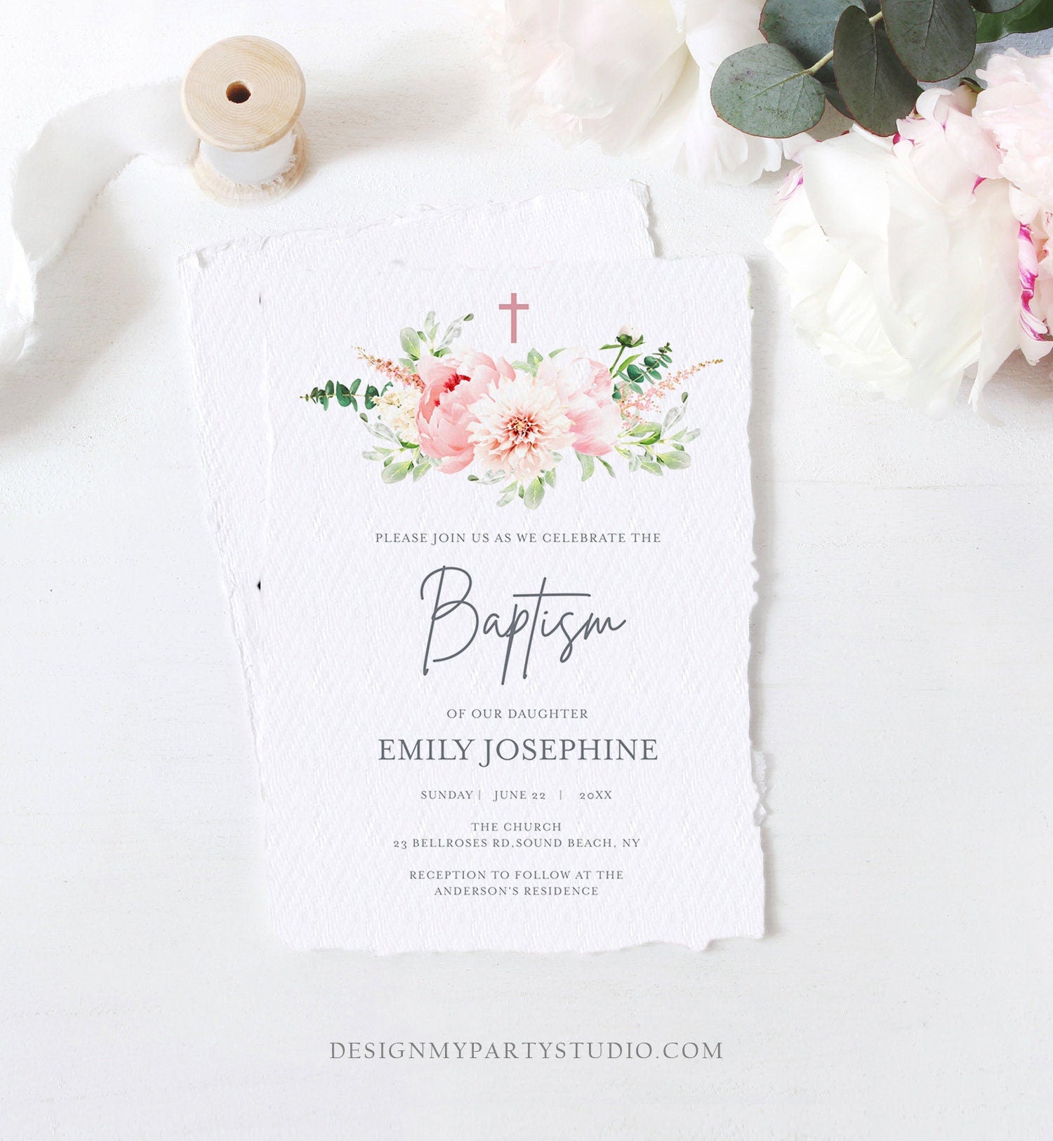 Editable Floral Baptism Invitation Pink Girl Botanical Flowers Greenery Pastel Watercolor Peony Colors Digital Corjl Template Printable 0167