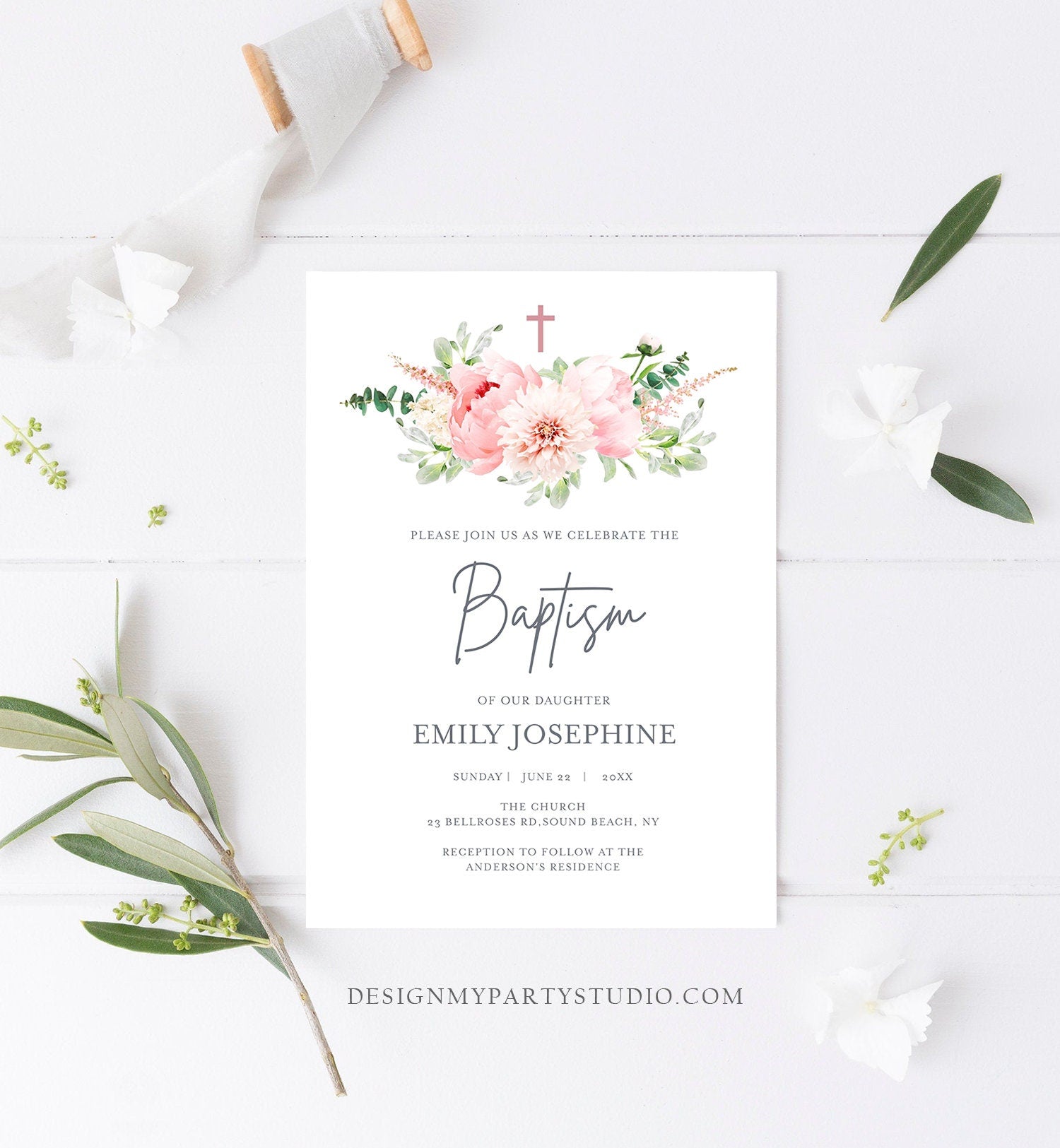 Editable Floral Baptism Invitation Pink Girl Botanical Flowers Greenery Pastel Watercolor Peony Colors Digital Corjl Template Printable 0167