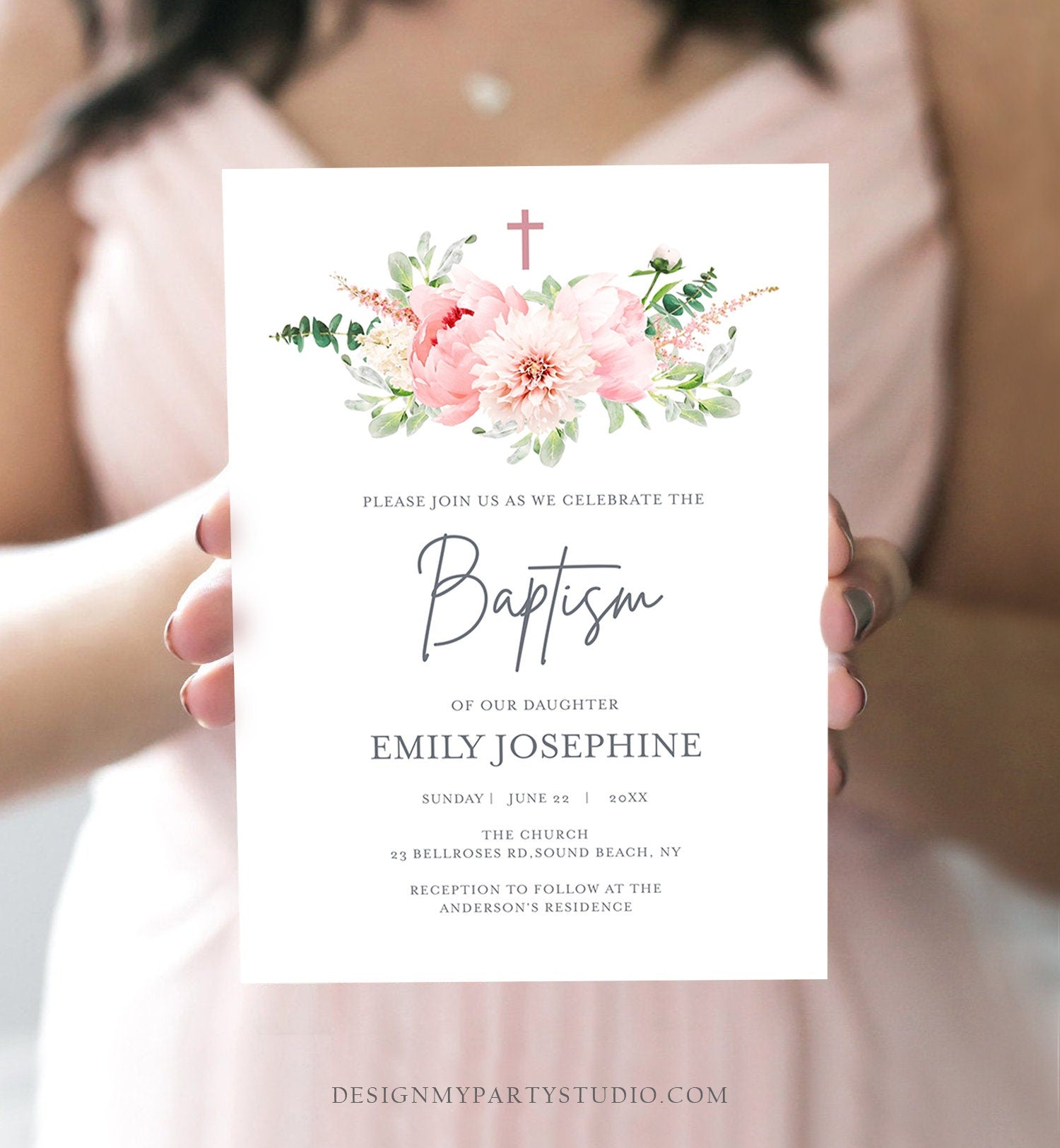 Editable Floral Baptism Invitation Pink Girl Botanical Flowers Greenery Pastel Watercolor Peony Colors Digital Corjl Template Printable 0167