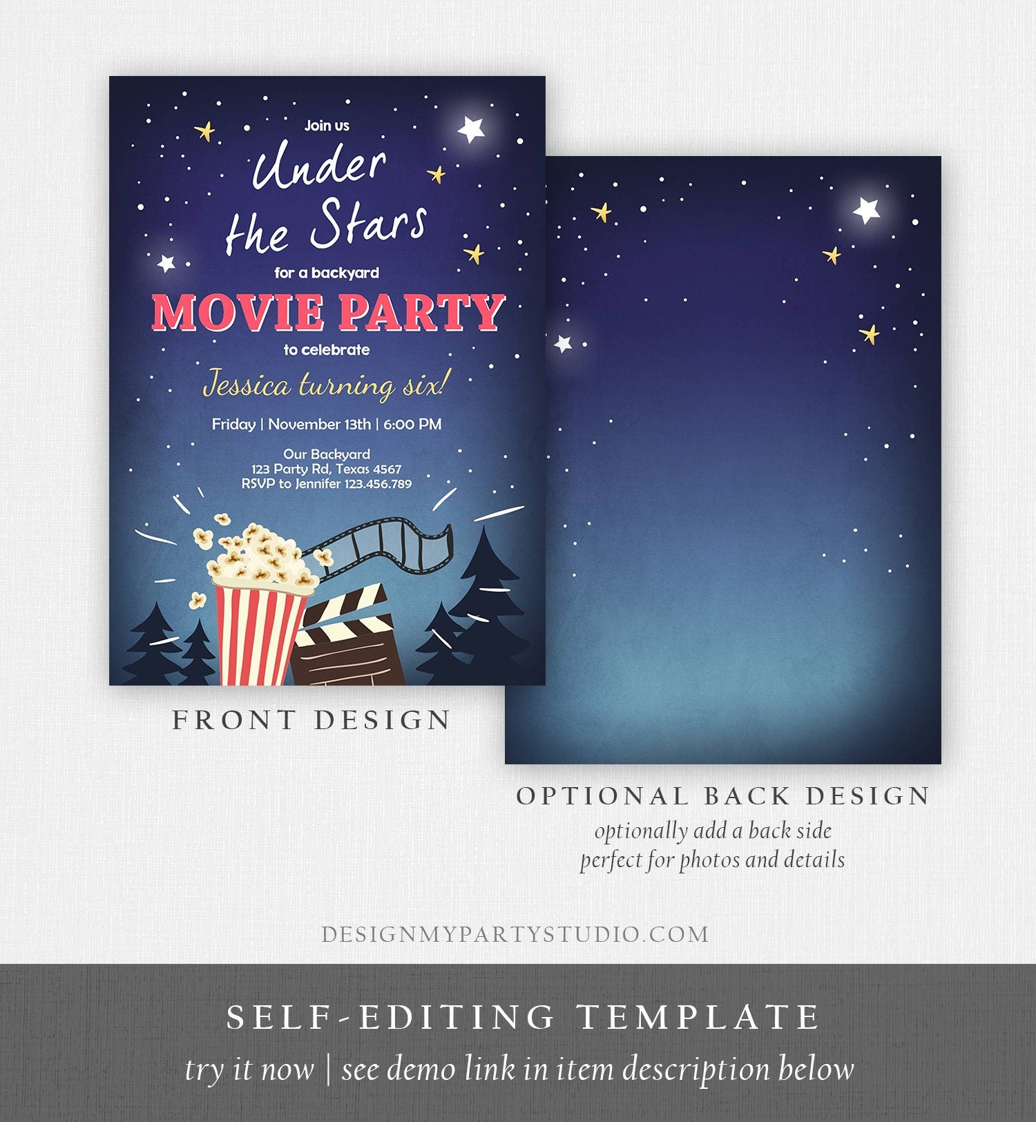 Editable Movie Night Invitation Under the Stars Outdoor Backyard Movie Party Popcorn Birthday Download Corjl Template Printable 0177