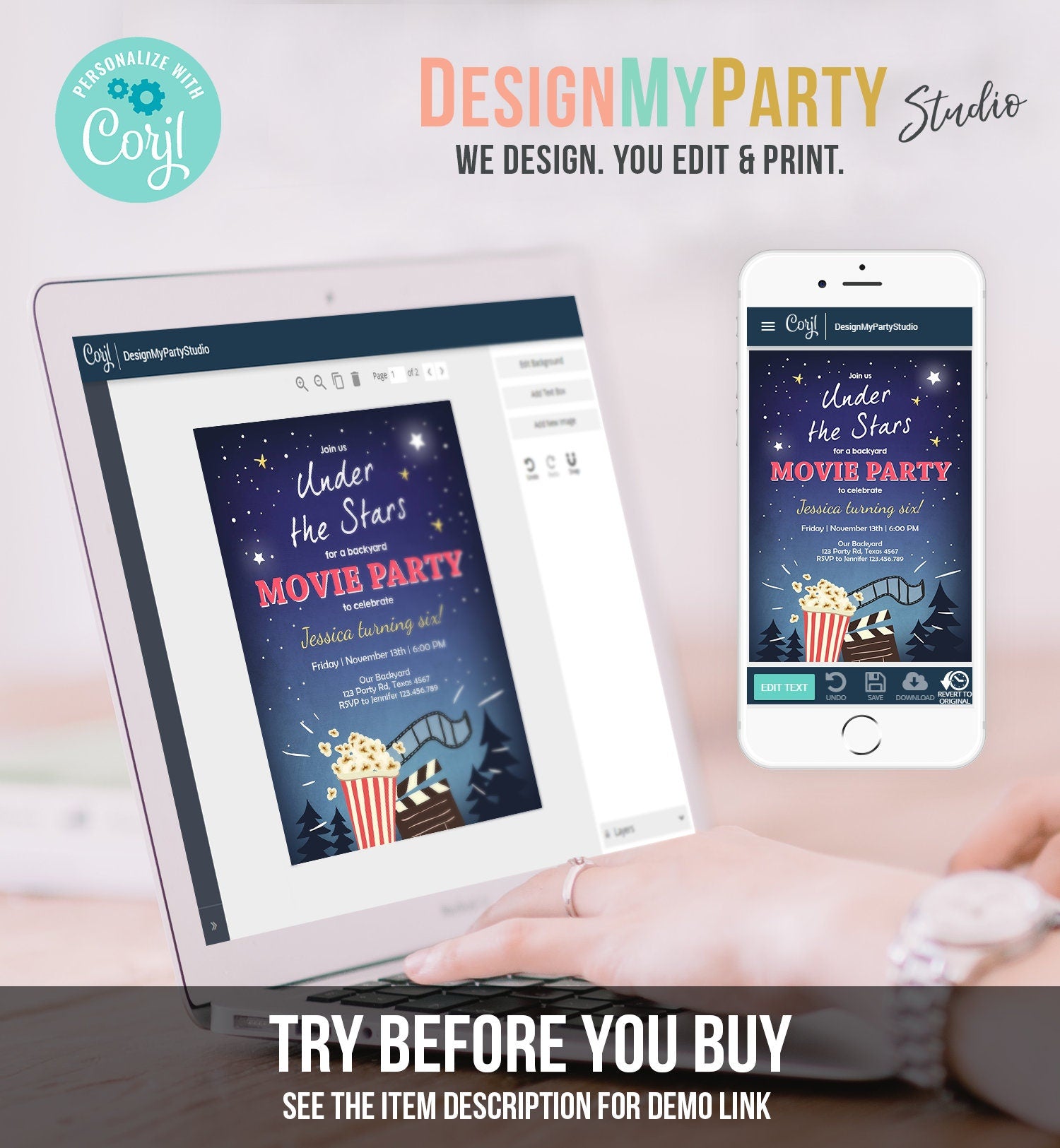 Editable Movie Night Invitation Under the Stars Outdoor Backyard Movie Party Popcorn Birthday Download Corjl Template Printable 0177