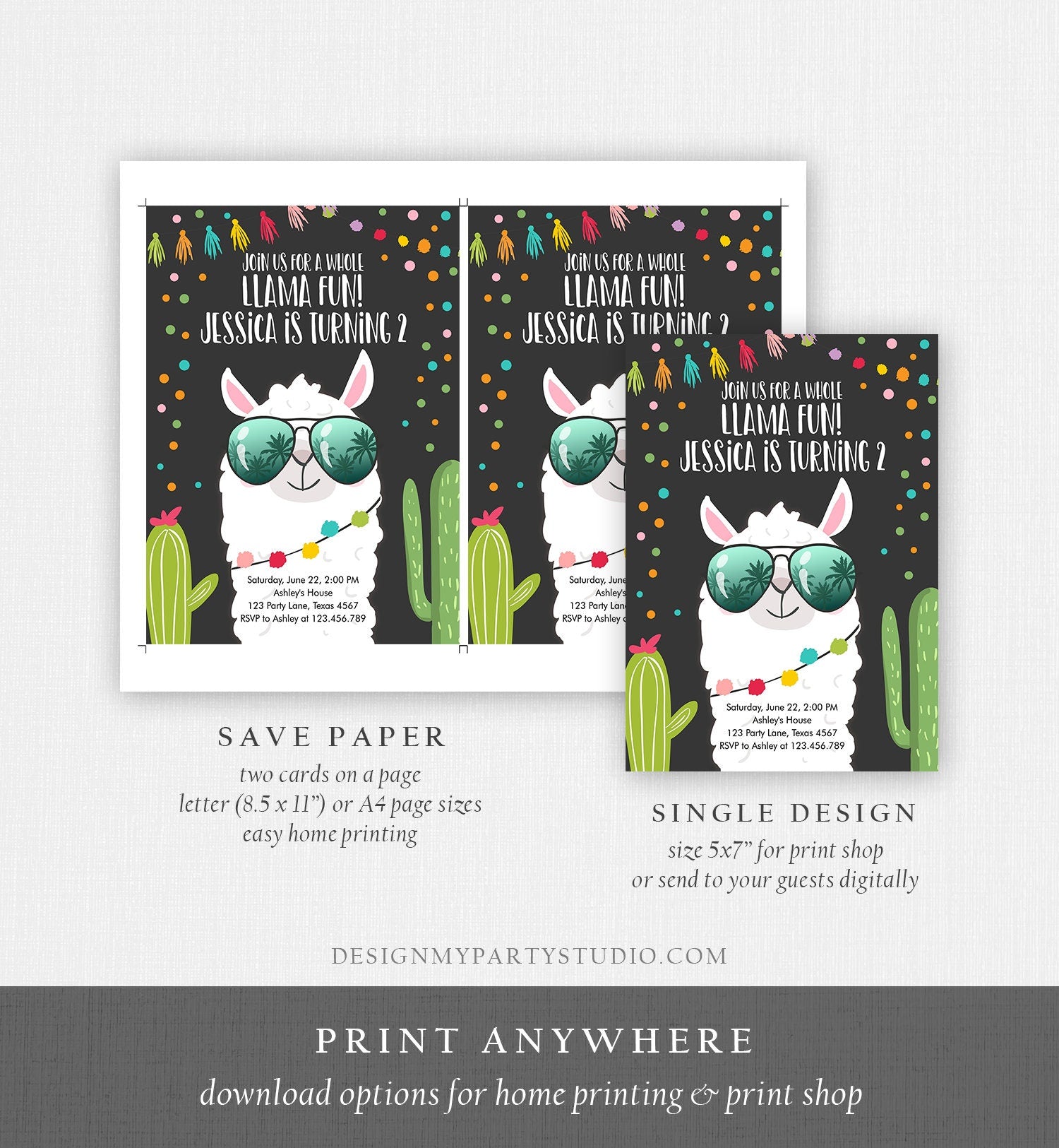 Editable Whole Llama Fun Birthday Invitation Fiesta Llama Cactus Mexican Party Chalk Confetti Girl Boy Alpaca Corjl Template Printable 0079