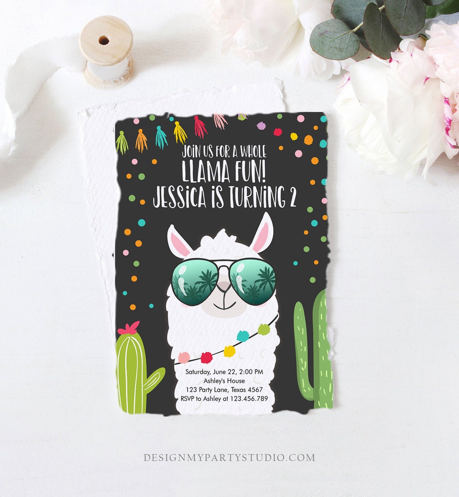 Editable Whole Llama Fun Birthday Invitation Fiesta Llama Cactus Mexican Party Chalk Confetti Girl Boy Alpaca Corjl Template Printable 0079