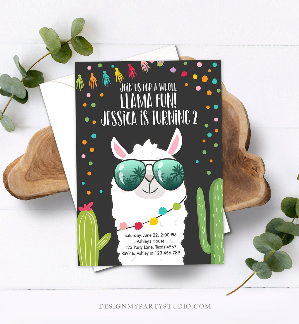 Editable Whole Llama Fun Birthday Invitation Fiesta Llama Cactus Mexican Party Chalk Confetti Girl Boy Alpaca Corjl Template Printable 0079