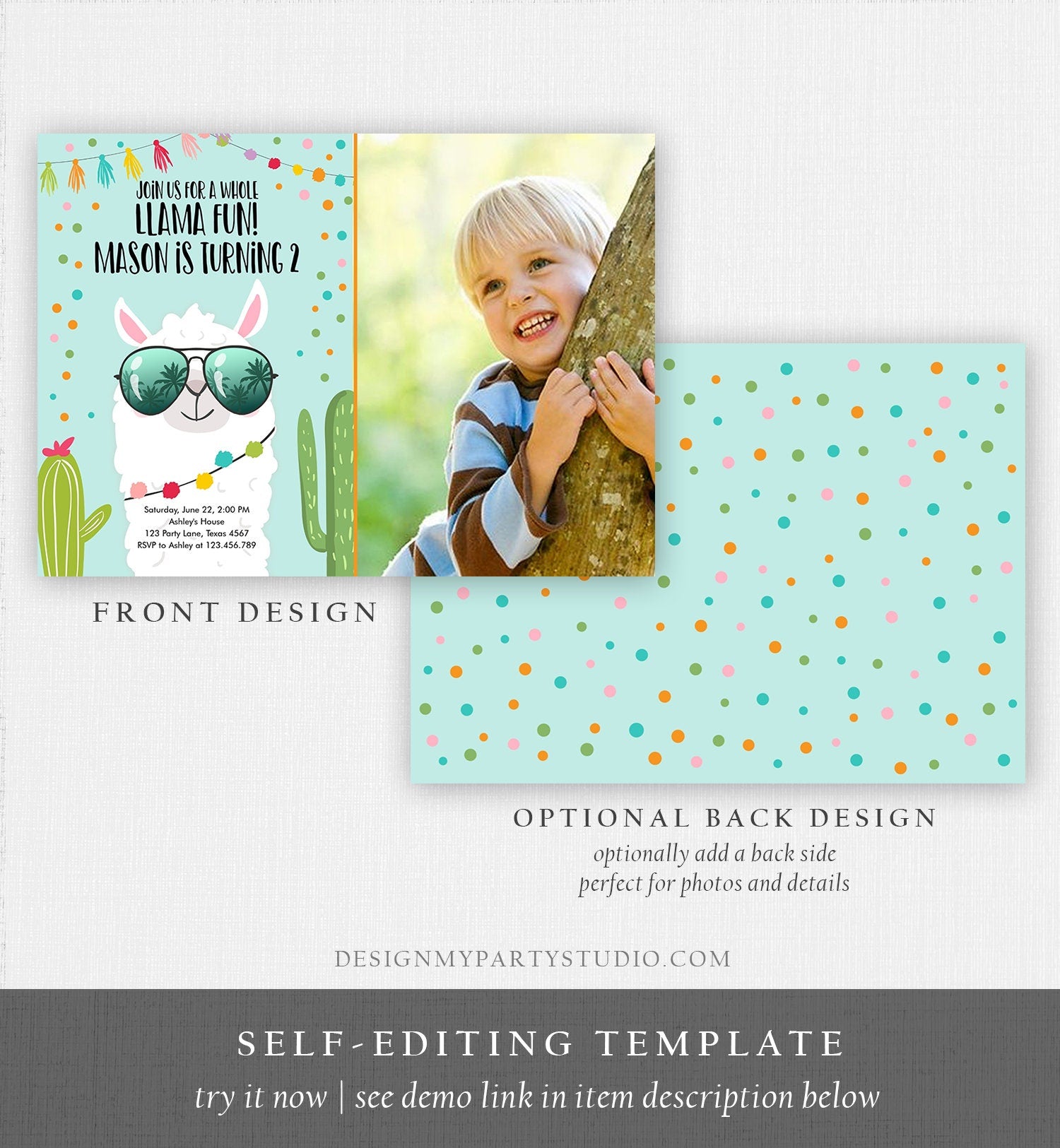 Editable Whole Llama Fun Birthday Invitation Llama Fiesta Cactus Confetti Boy Blue Alpaca Photo Download Printable Template Corjl 0079